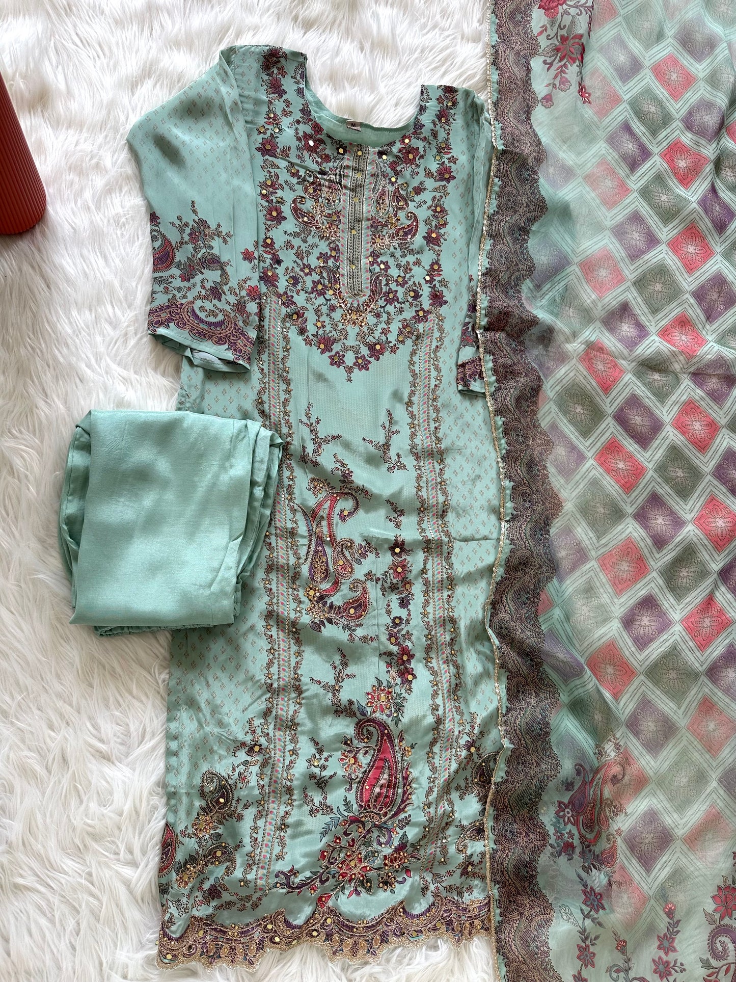 K208 - Pure crepe handwork straight Kurti with pants and dupatta