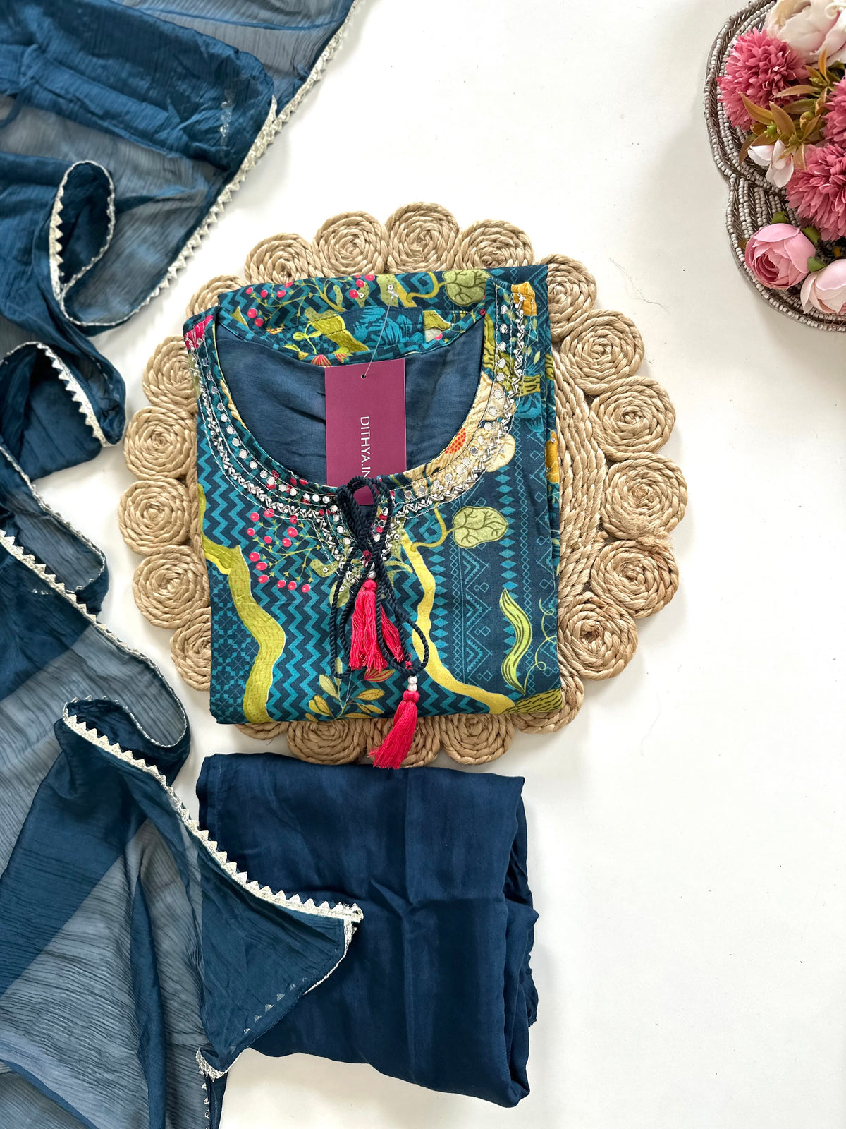 K321 - Chinnon floral straight Kurti with pants and dupatta