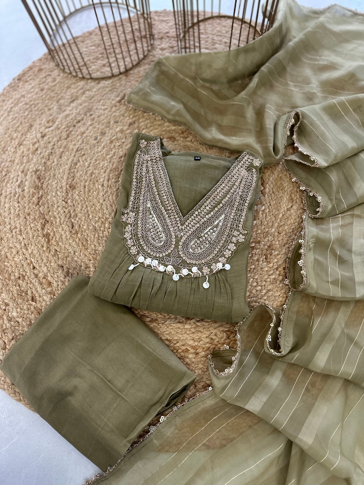 K093 - Mul Chanderi handwork Aline Kurti with pants and dupatta