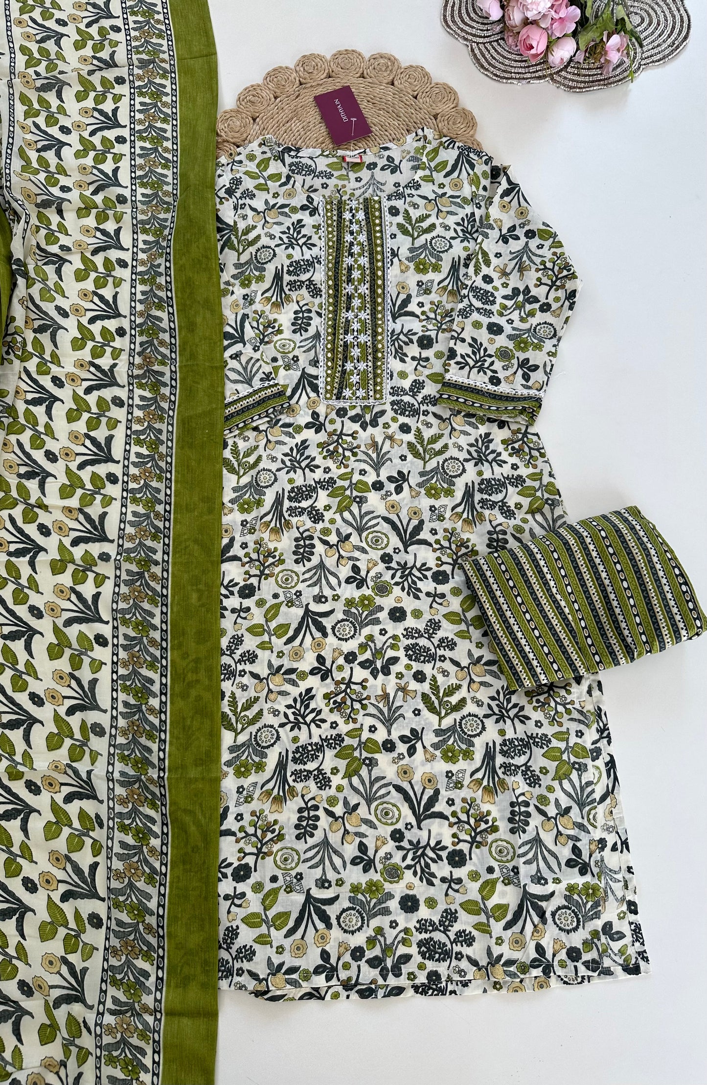K164 - Cotton printed straight Kurti with pants and dupatta in 3 colours
