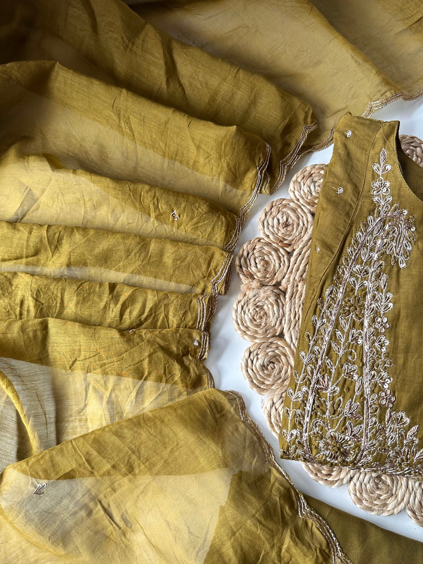 K197 - Mul Chanderi zari work Aline Kurti with pants and dupatta