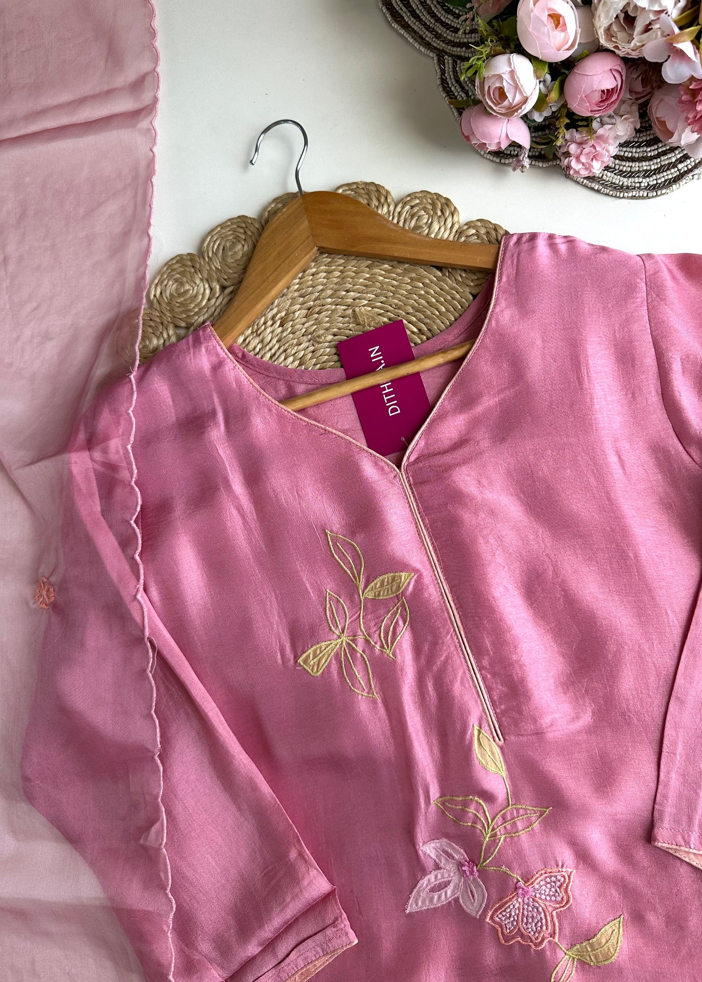 K360 - Mul Chanderi appliqué work Aline Kurti with pants and dupatta