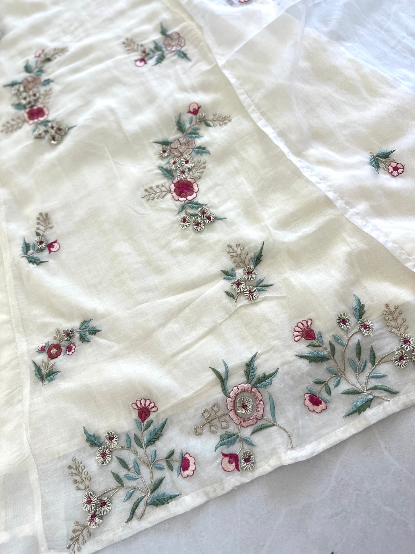 K340 - Mulmul chanderi embroidered Aline Kurti with pants and dupatta .