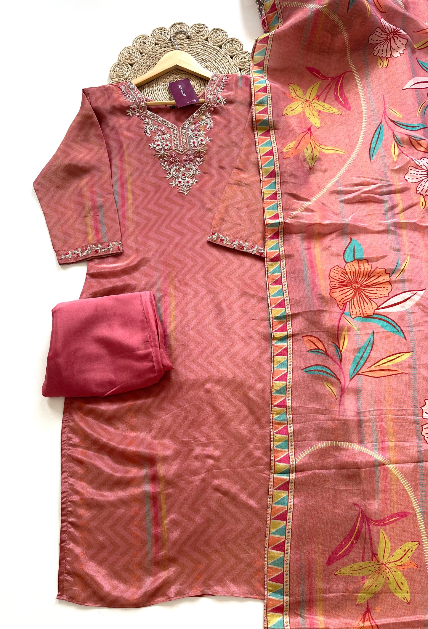 K125 - Handwork Tissue silk printed straight Kurti with pants and dupatta