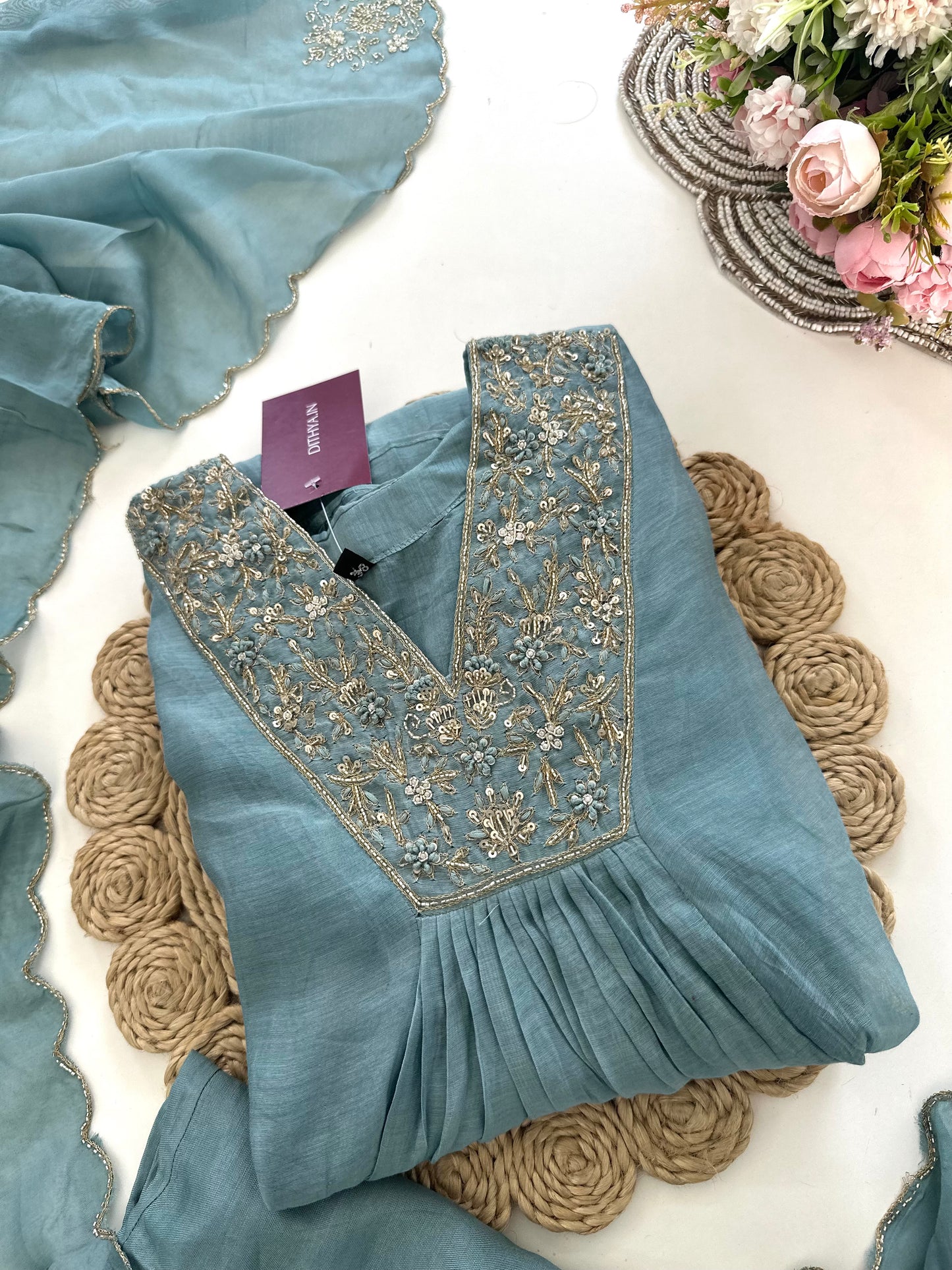 K191 - Mul Chanderi handwork Aline Kurti with pants and dupatta in 3 colours