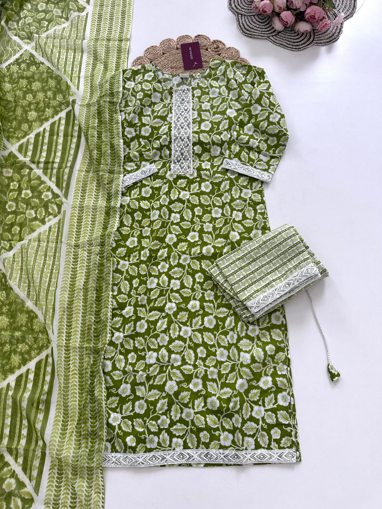 K248 - Cotton printed straight Kurti with pants and dupatta