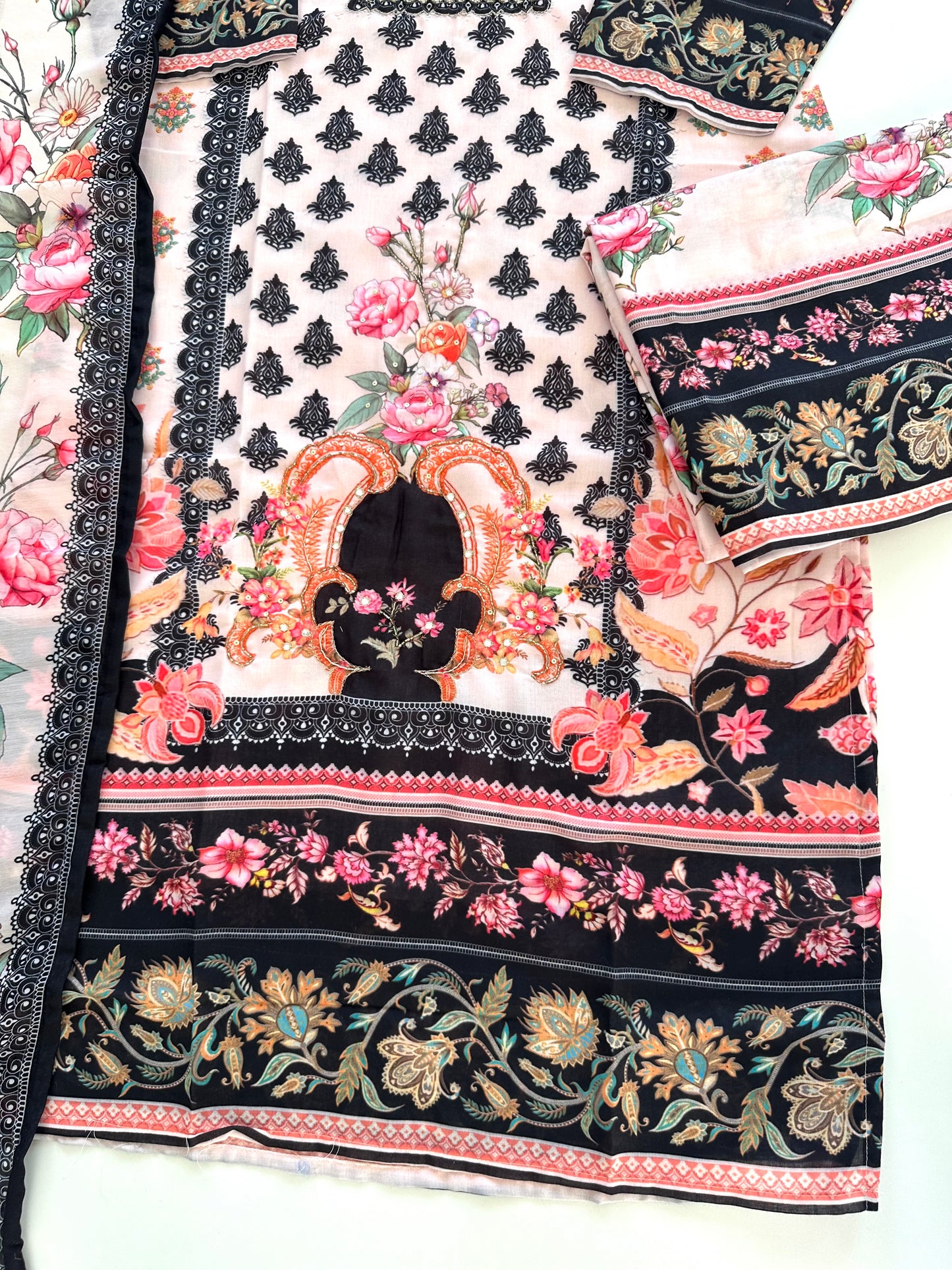 K404 - Cotton Handwork straight Kurti with pants and dupatta