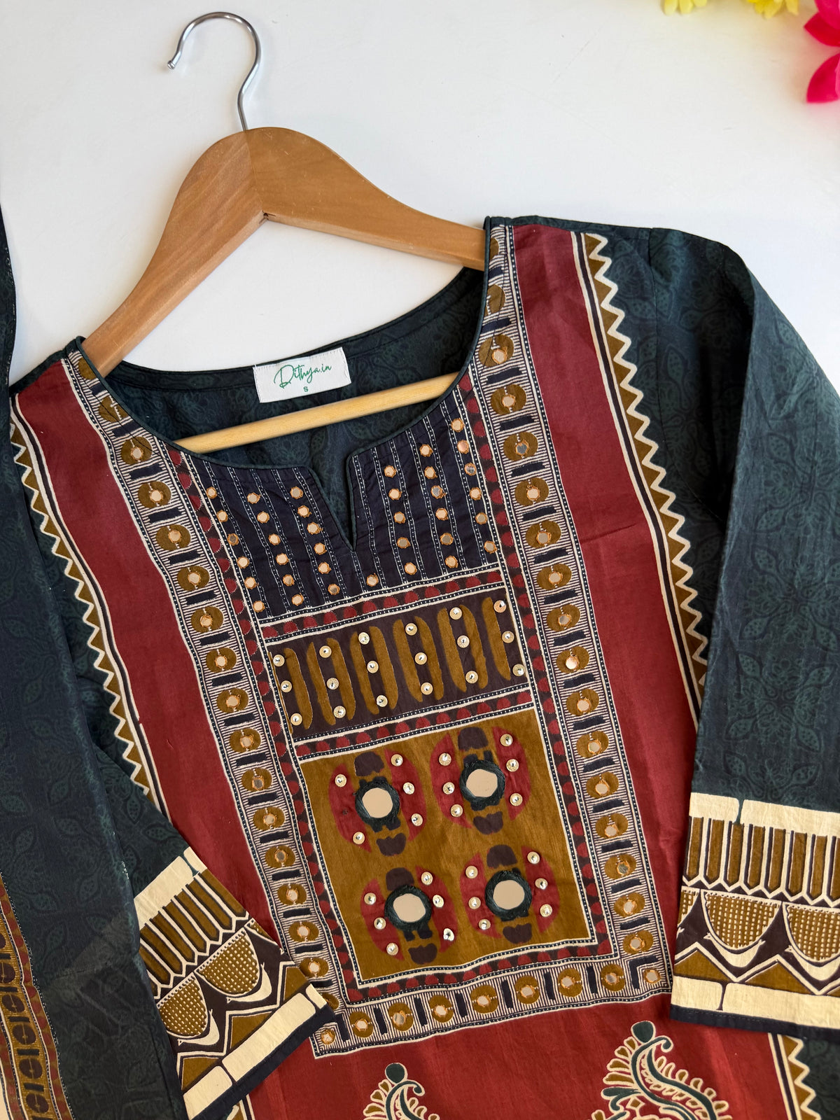 K363 - Mul cotton embroidered Aline Kurti with pants and dupatta