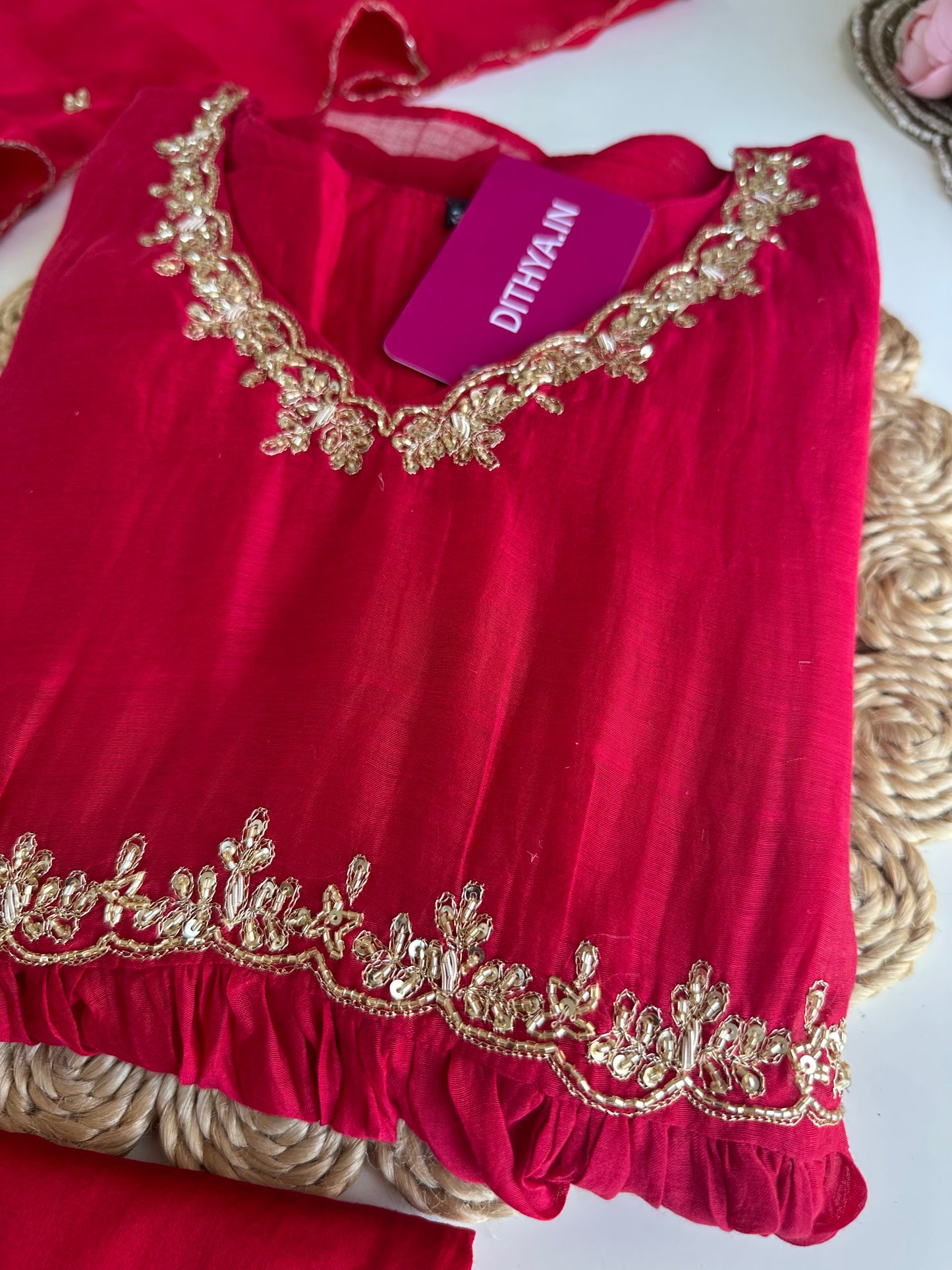 K324 - Mul Chanderi handwork Aline Kurti with pants and dupatta