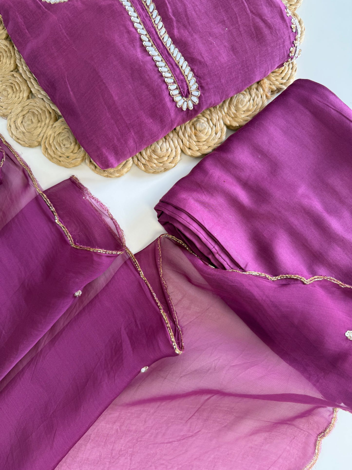 K533 - Mul chanderi handwork aline Kurti with pants and dupatta