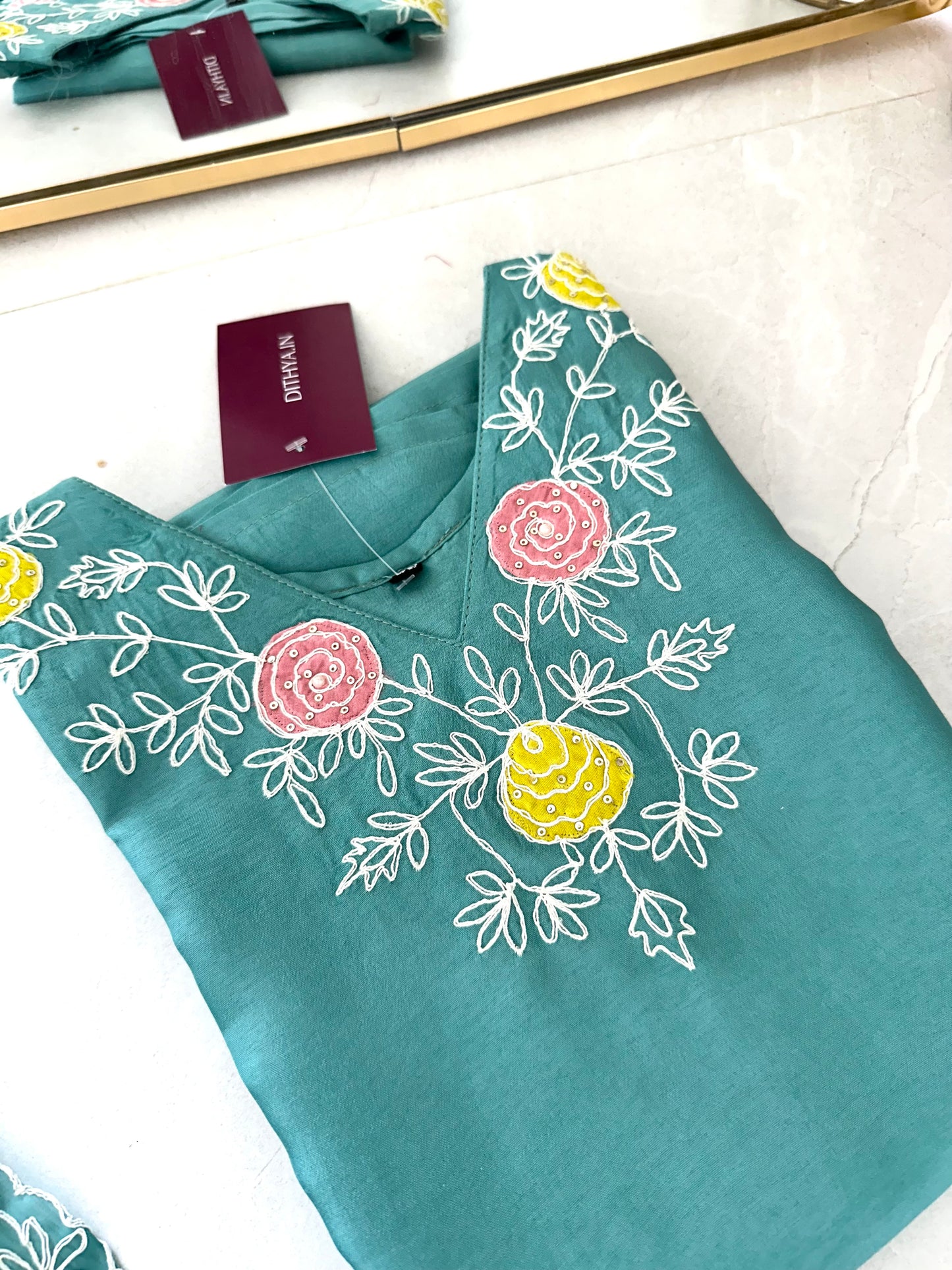 K361 - Russian silk appliqué work straight Kurti with pants and Dupatta in 2 colours