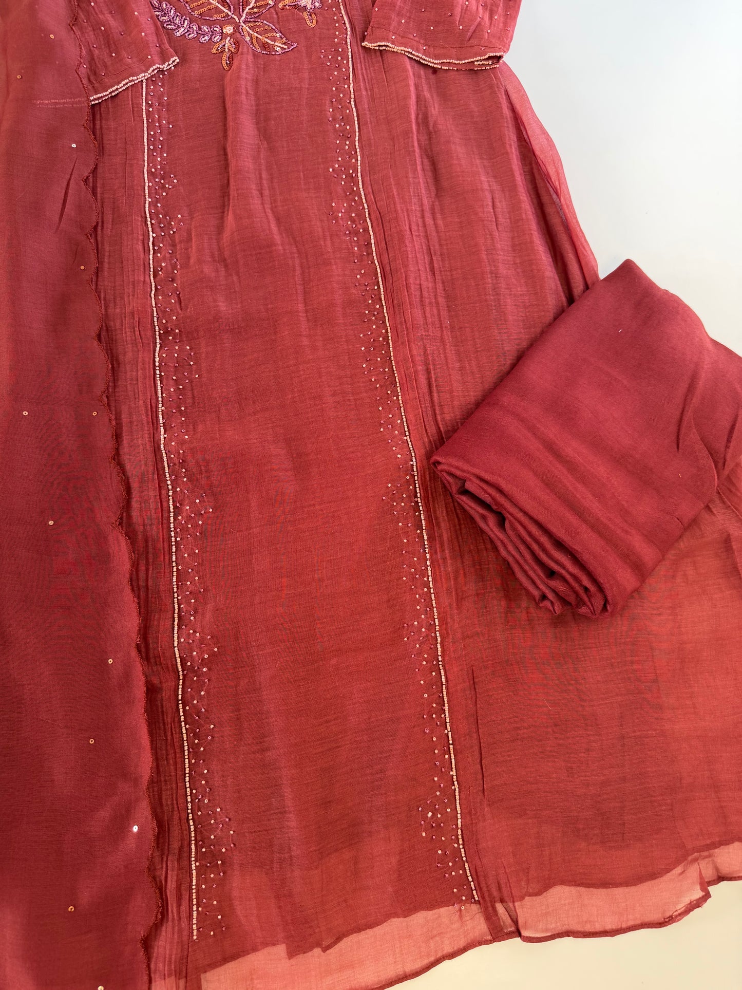 K507 - Mul chanderi handwork Aline Kurti with pants and dupatta