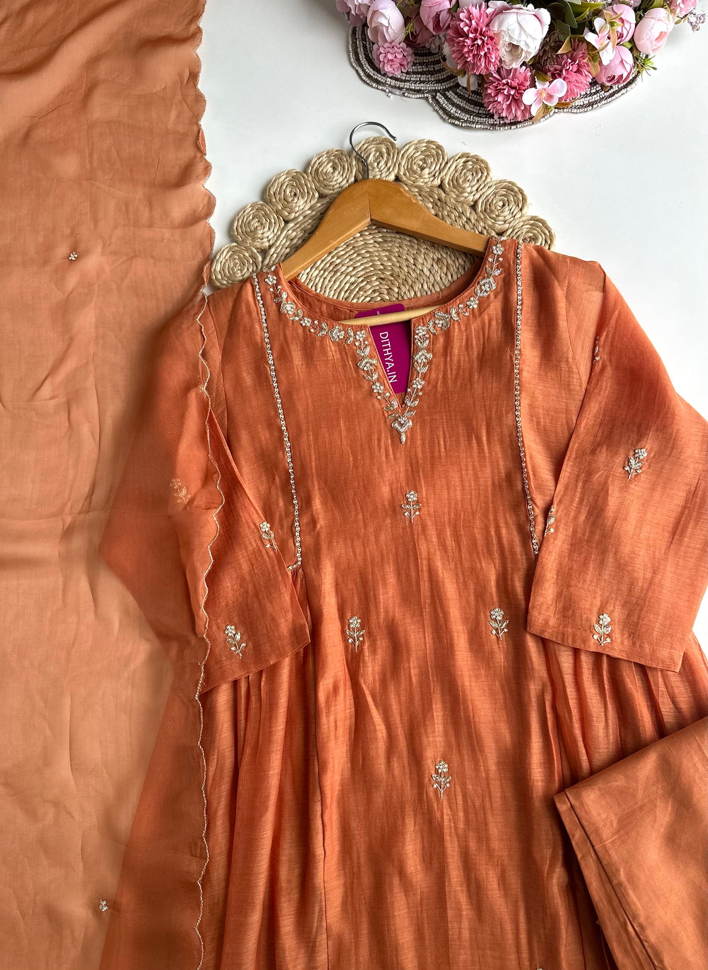 K160 - Mul Chanderi handwork Aline Kurti with pants and dupatta