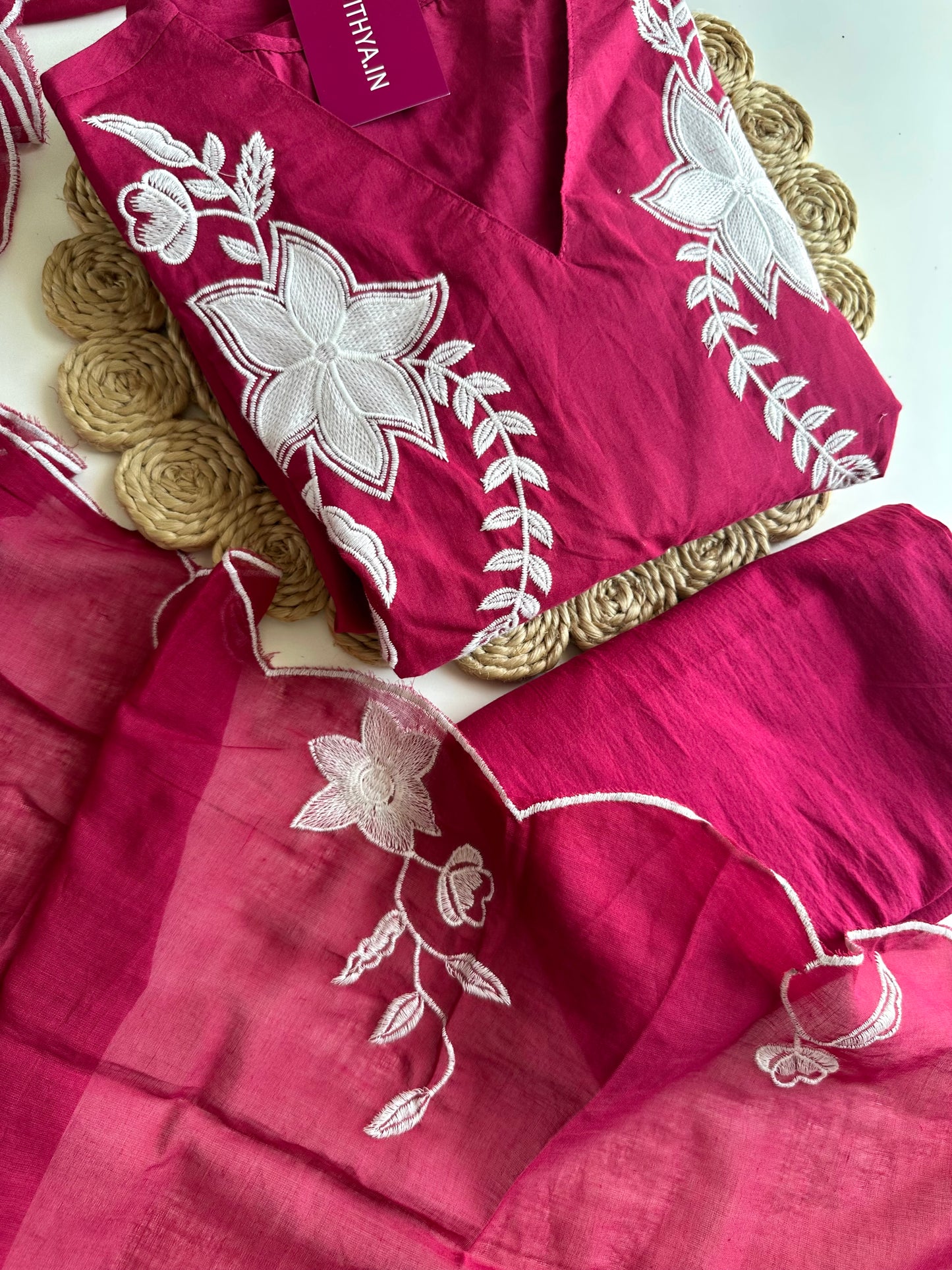 K197 - Mul cotton appliqué embroidery Anarkali with pants and dupatta