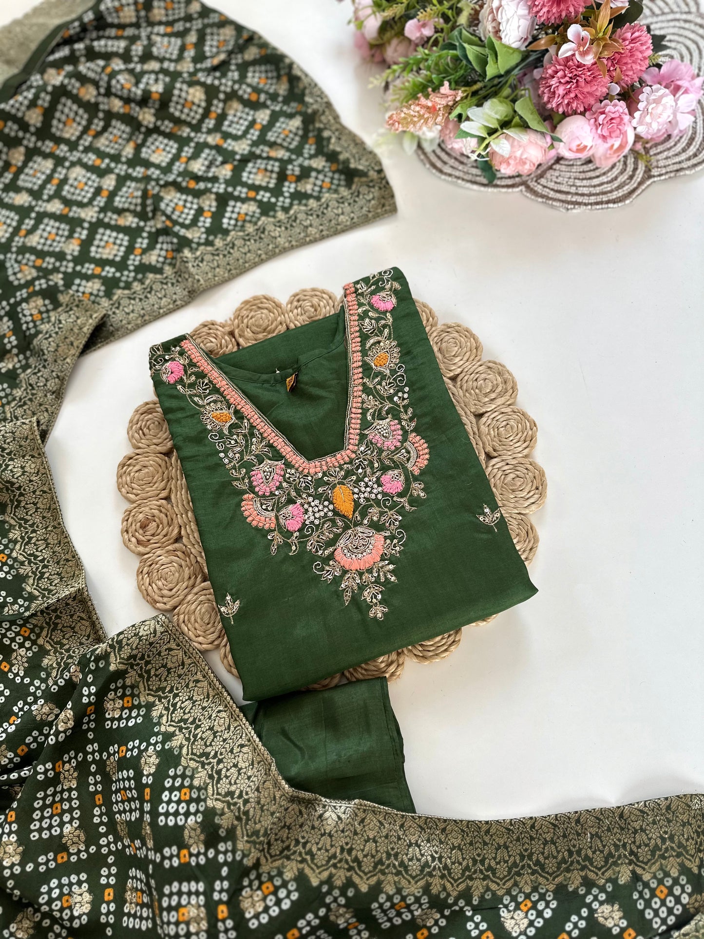 K171 - Russian silk handwork Straight kurti with pants and dupatta