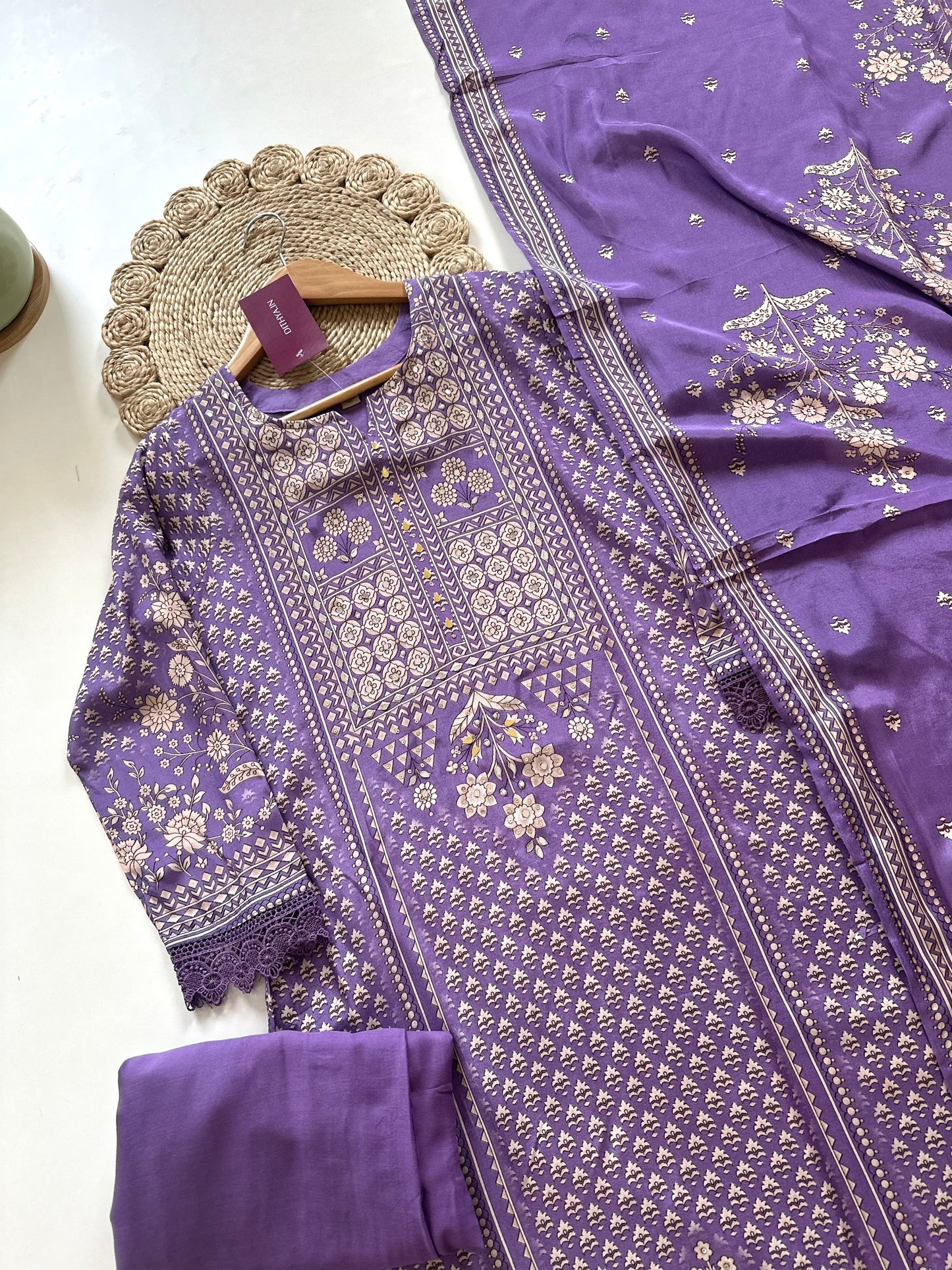 K102 - Muslin silk Printed Handwork straight kurti with pants and dupatta .