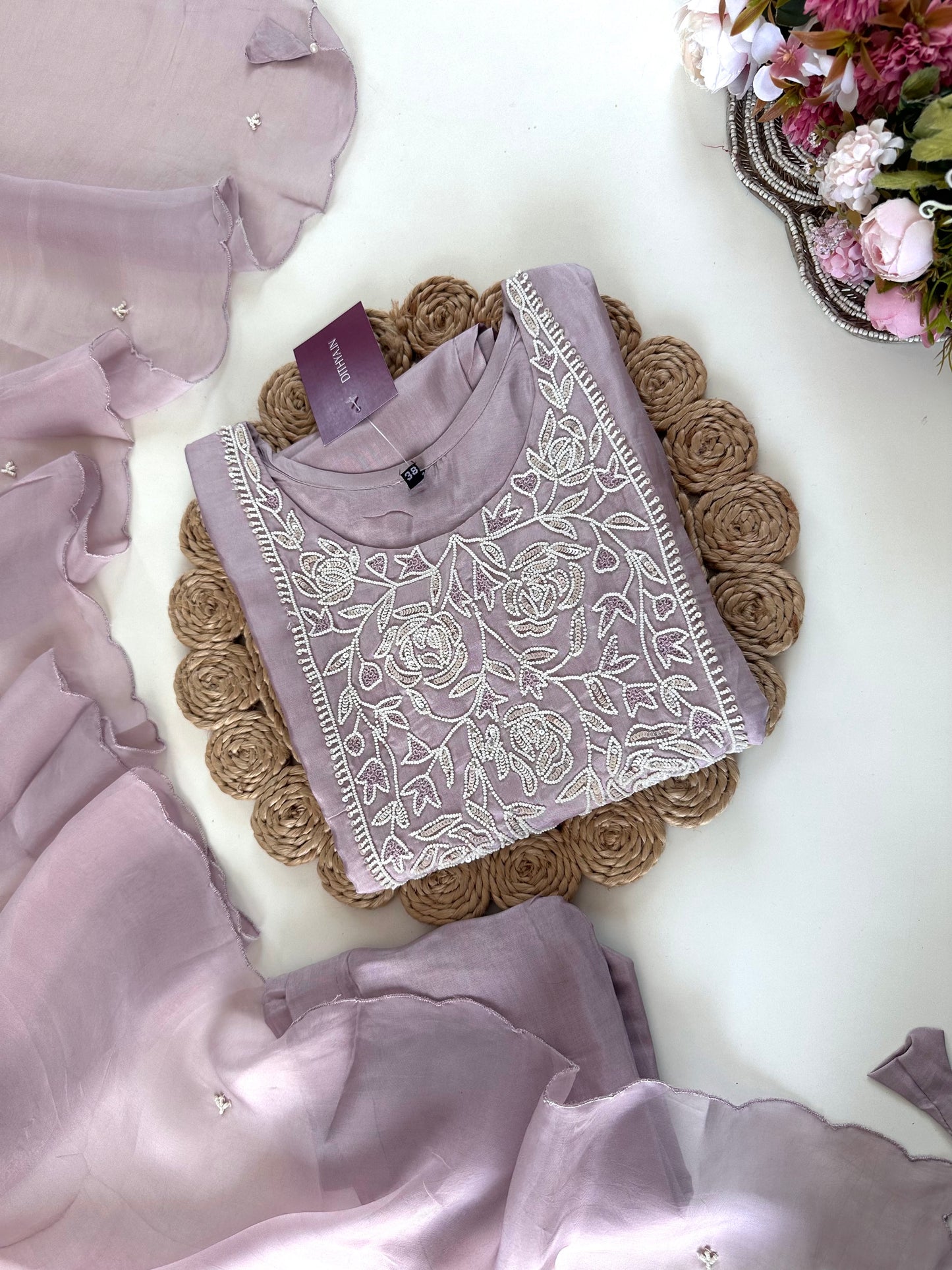 K183 - Abuthai silk pearl work straight kurti with pants and dupatta.