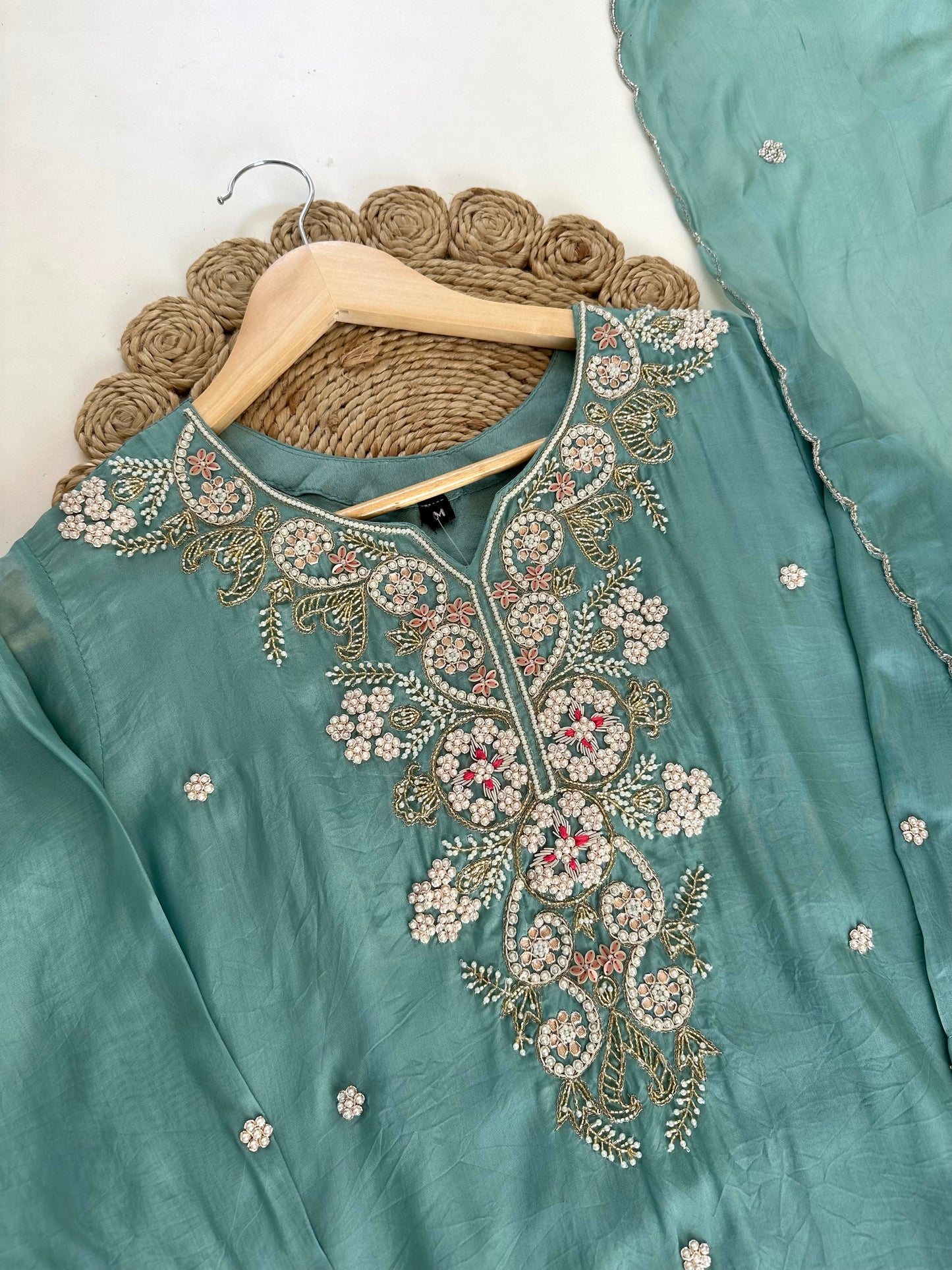K137 - Viscose organza Handwork straight kurti with pants and dupatta.