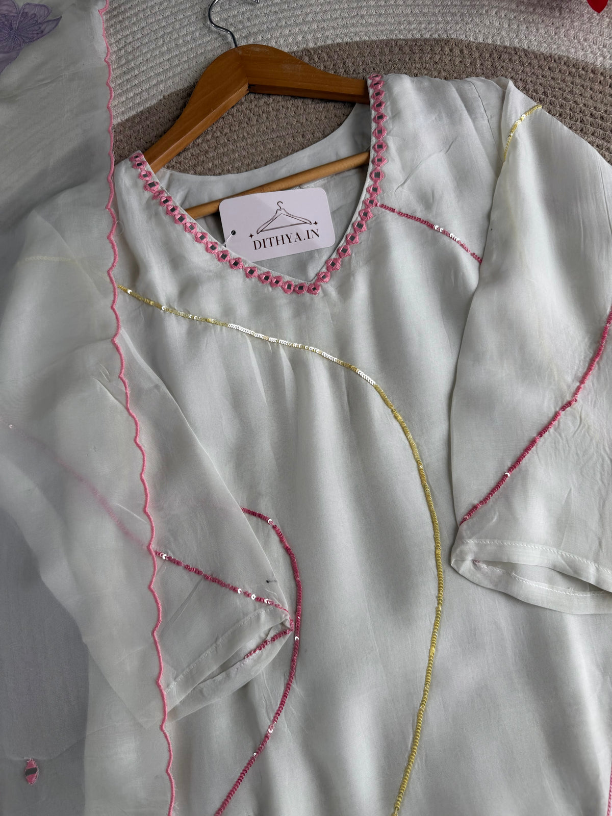 K341 - Viscose organza handwork straight Kurti with pants and dupatta