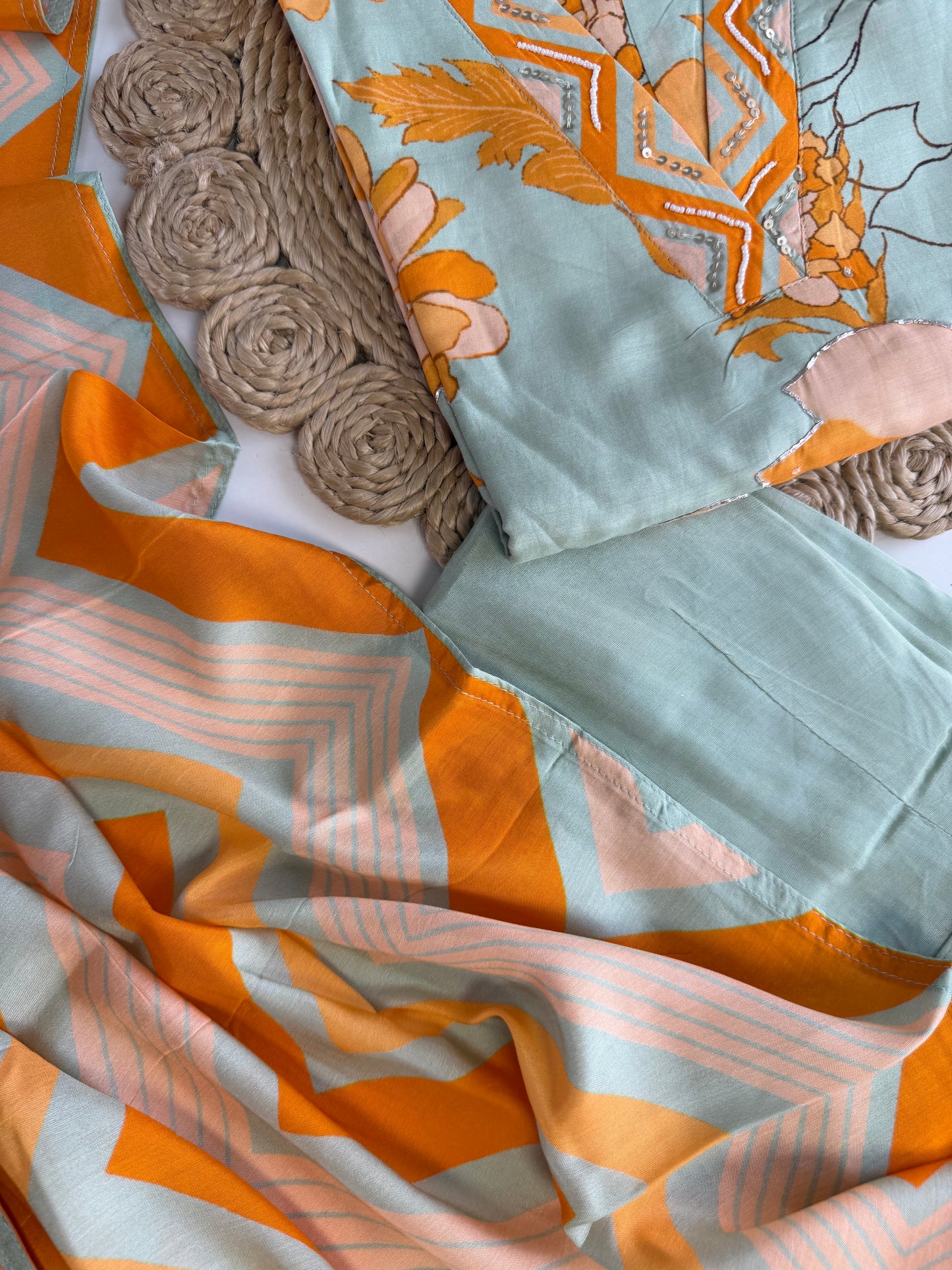 K505 - Muslin handwork floral straight Kurti with pants and dupatta in 2 colours