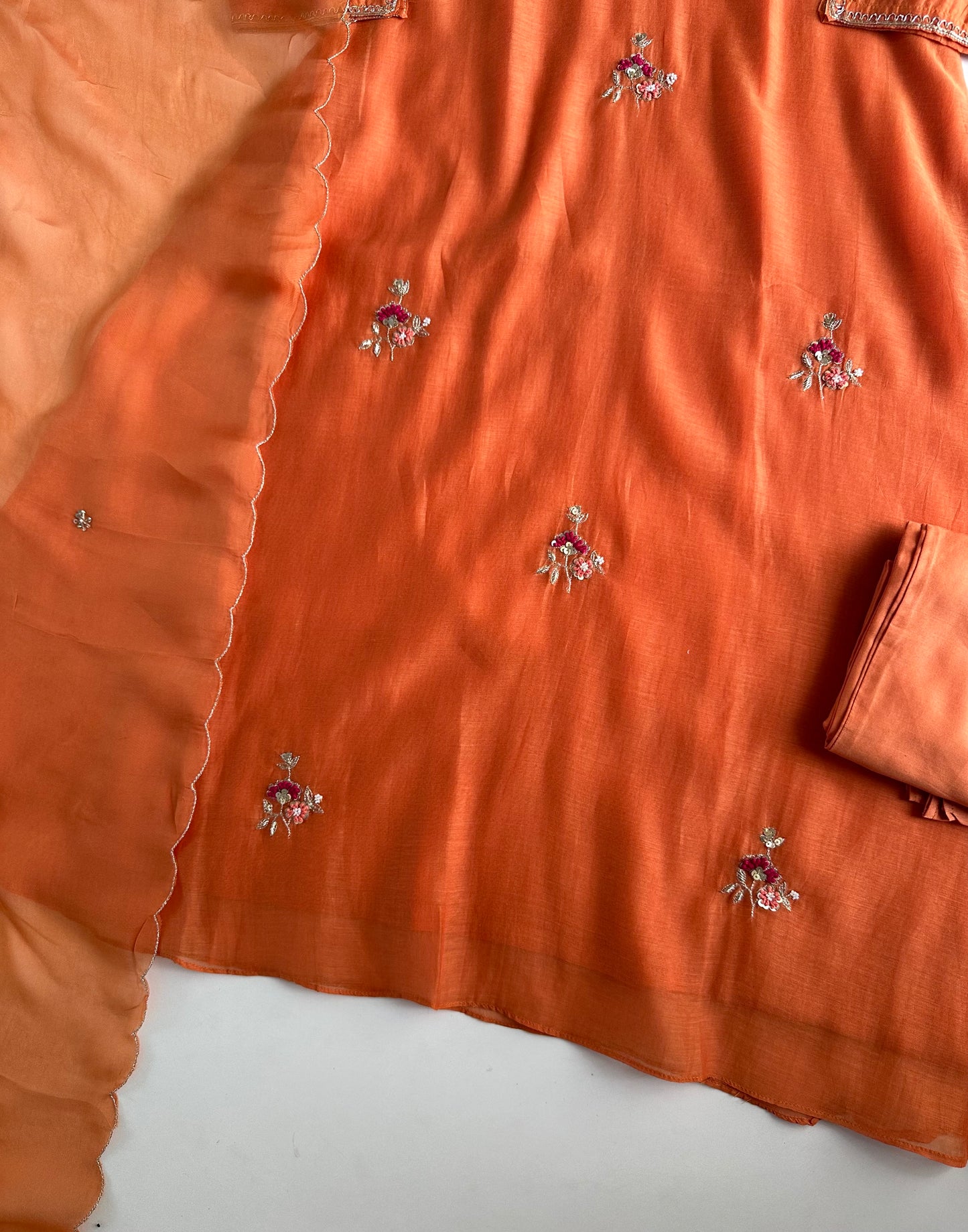 K005 - Mul Chanderi Handwork Aline Kurti with pants and dupatta in 2 colours