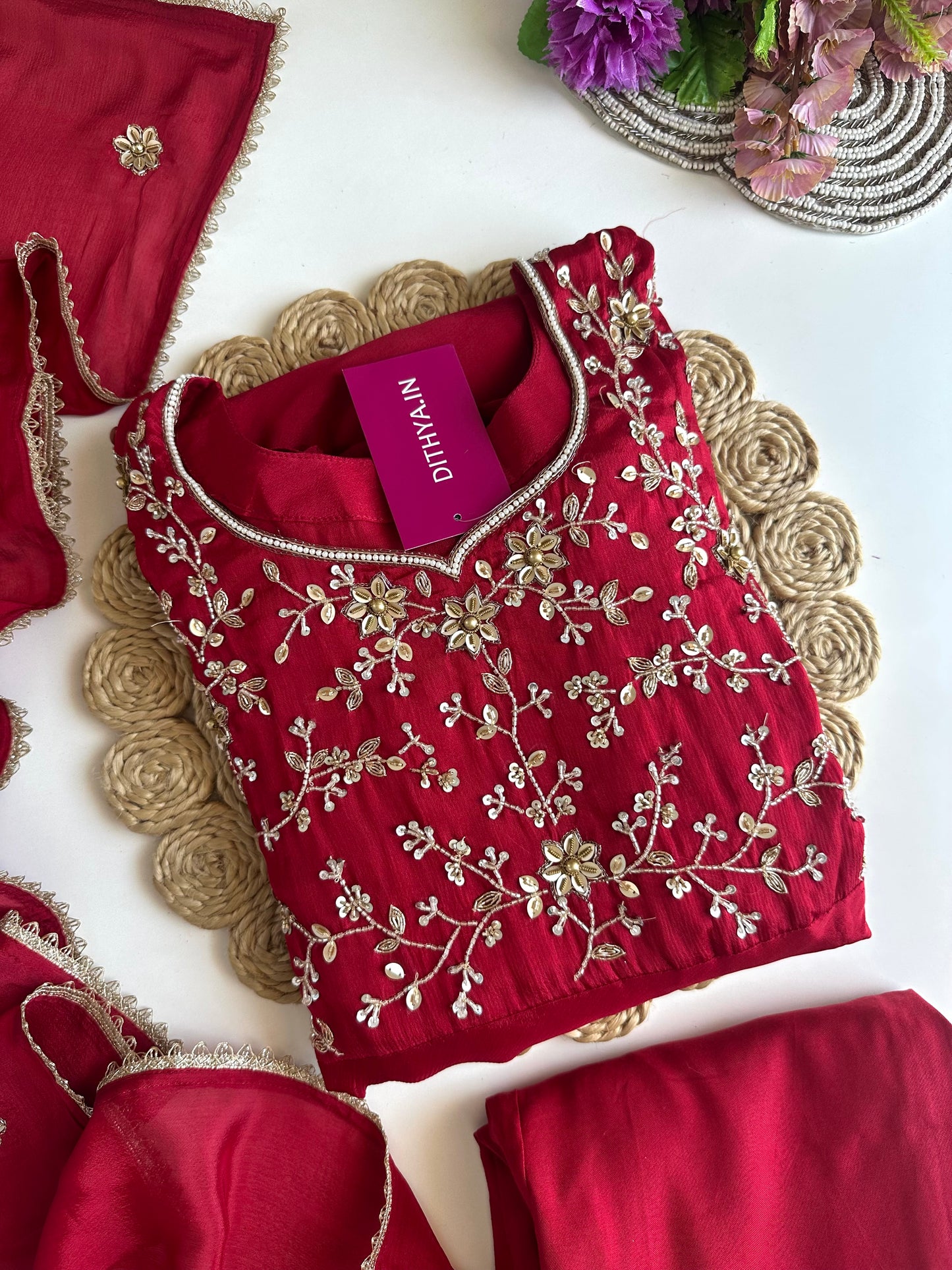 K158 - Pure Chinnon heavy handwork Anarkali with pants and dupatta