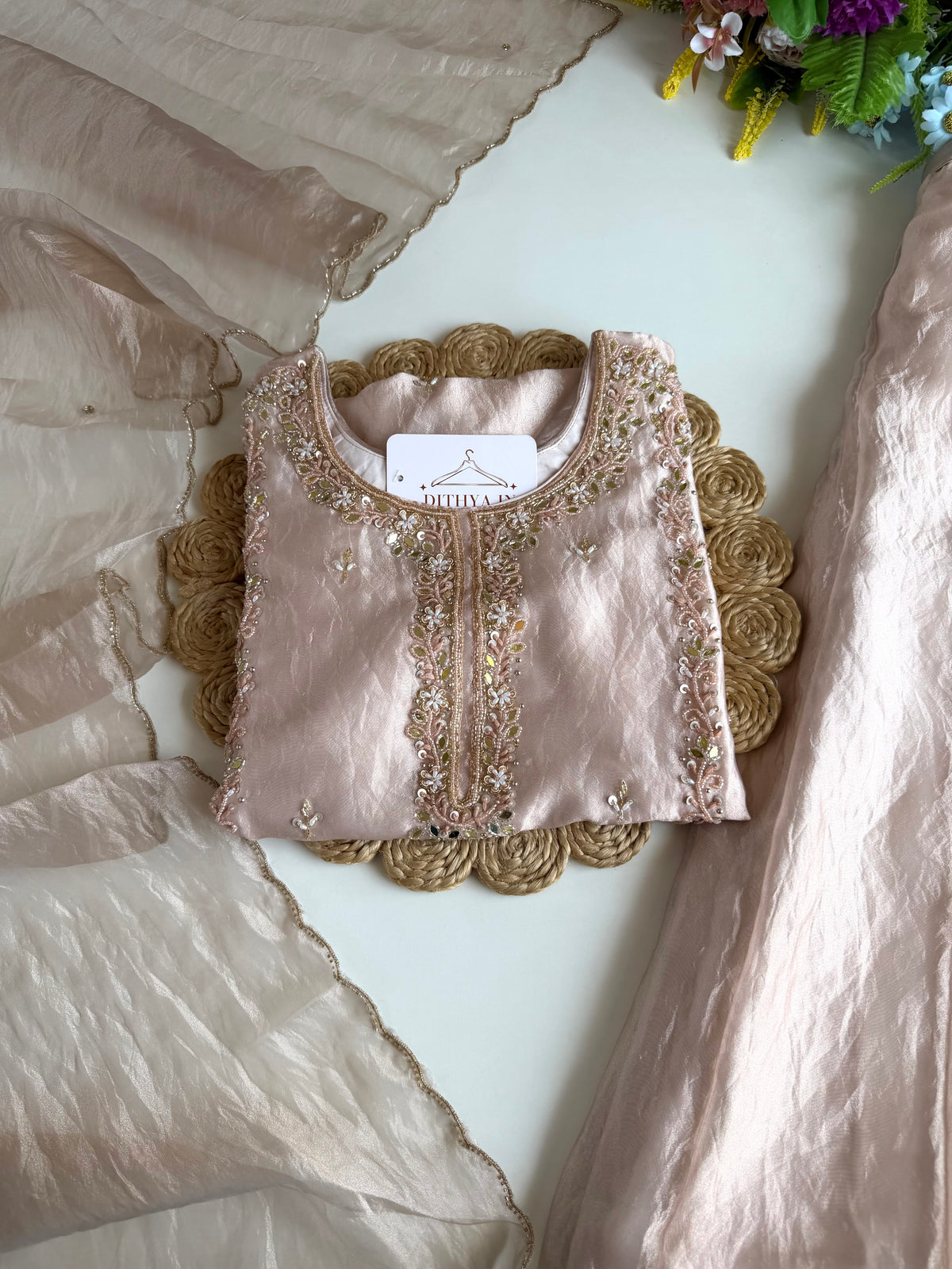 K045 - Glass tissue handwork short Kurti with divider pants and dupatta