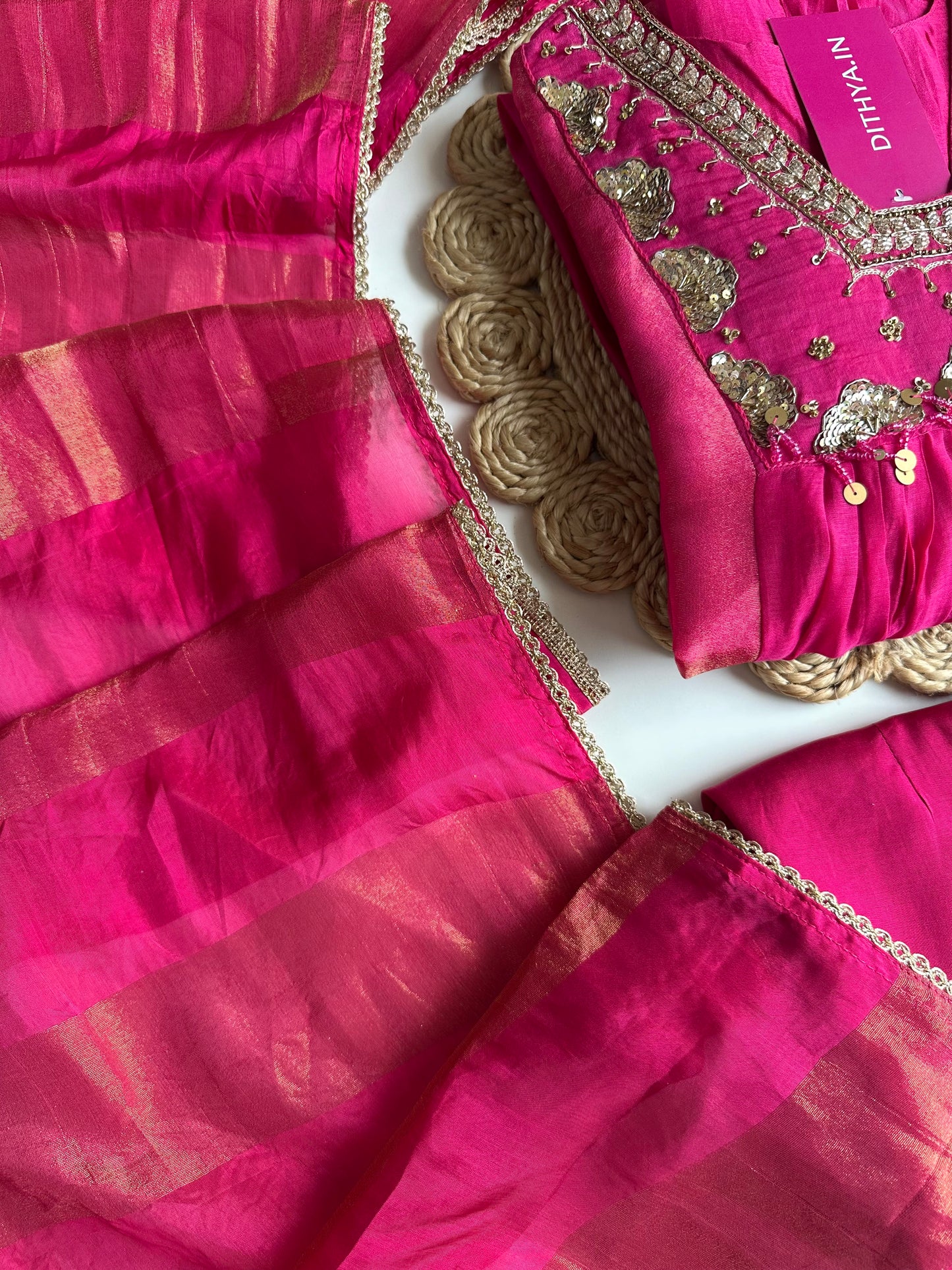 K405 - Mul Chanderi handwork Aline Kurti with pants and dupatta in 2 colours