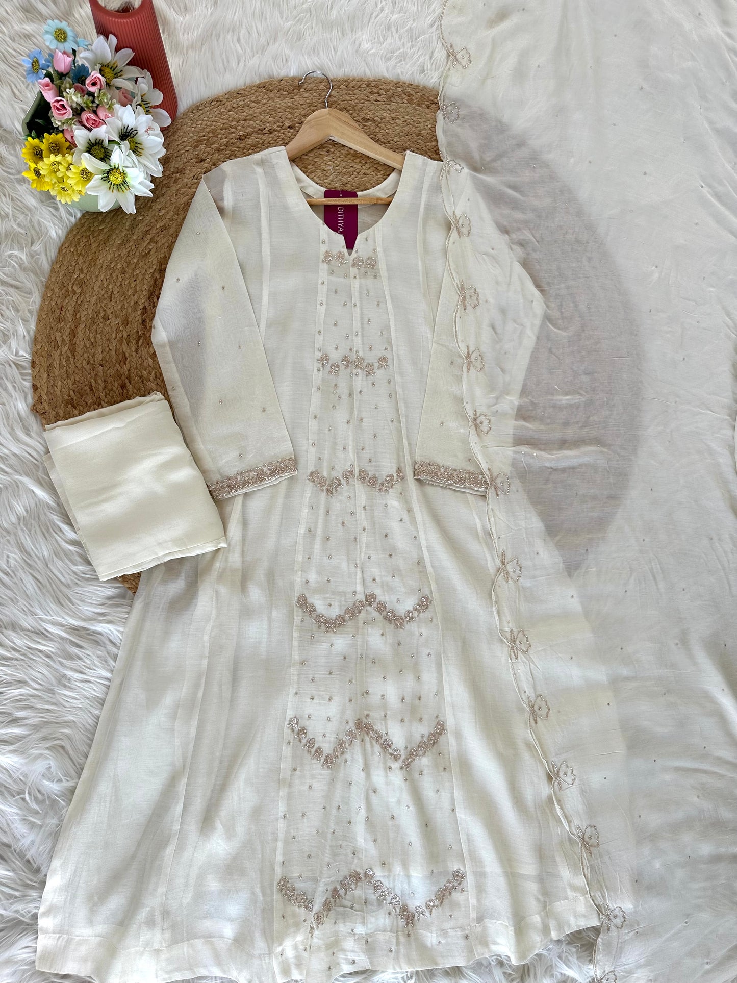 K211 - Mul Chanderi zardosi work Aline Kurti with pants and dupatta