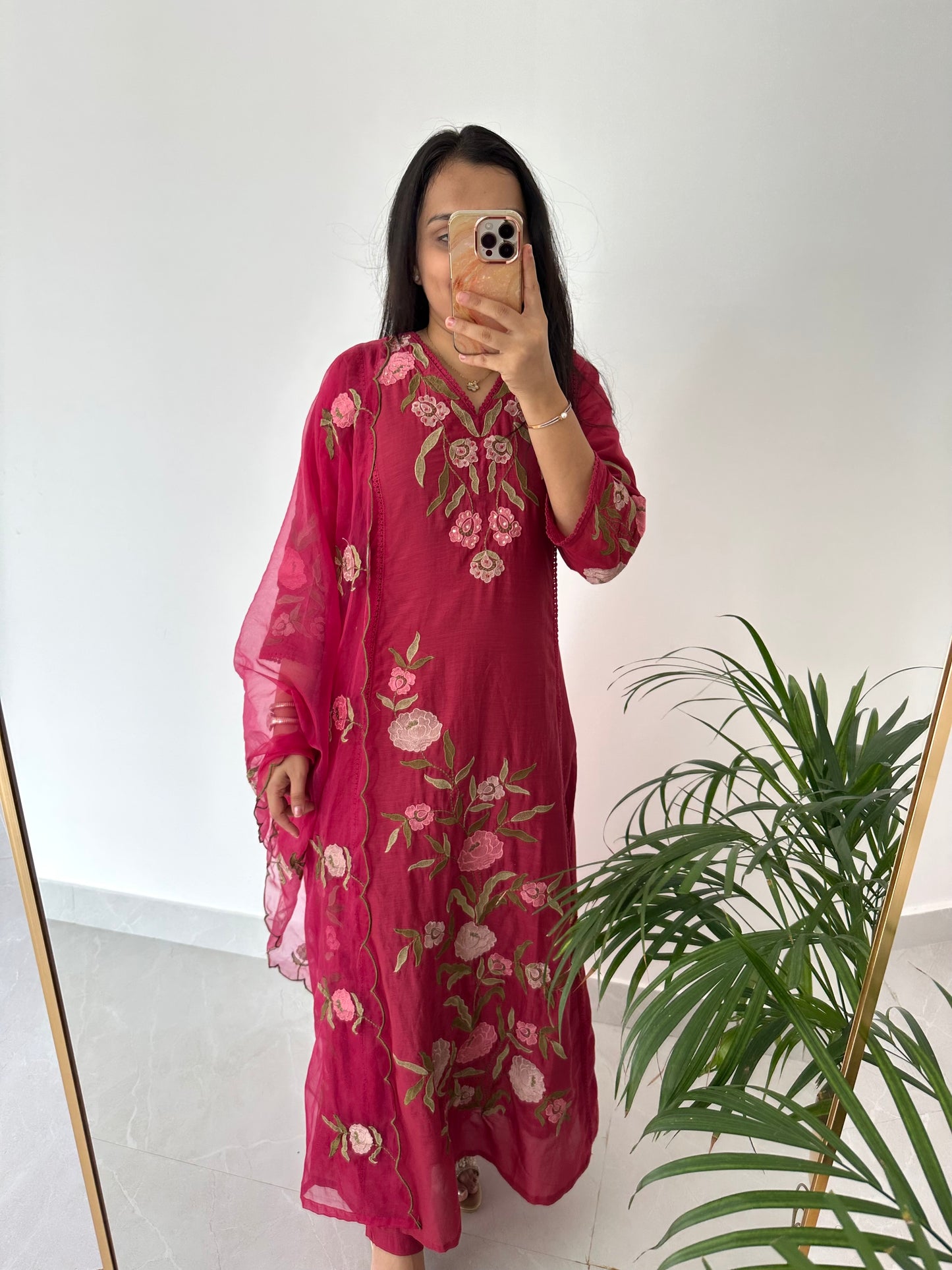 K379 - Mul Chanderi appliqué work Aline Kurti with pants and dupatta in 2 colours