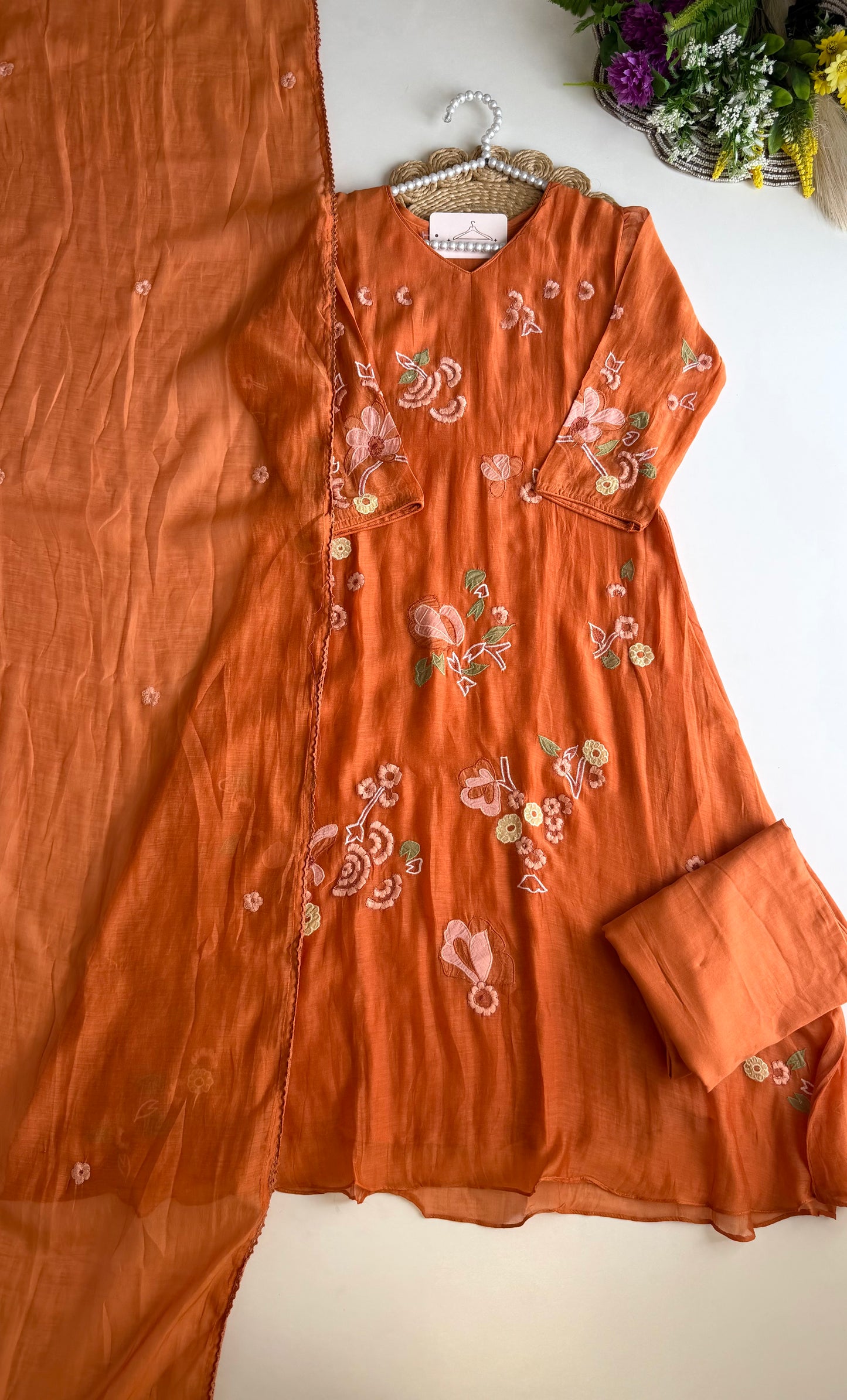 K194 - Mul chanderi embroidered aline Kurti with pants and dupatta