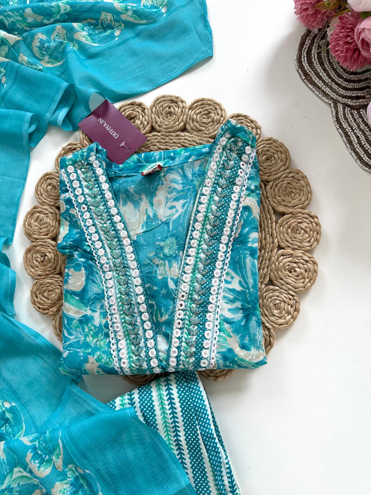K387 - Cotton floral straight Kurti with pants and dupatta in 4 colours
