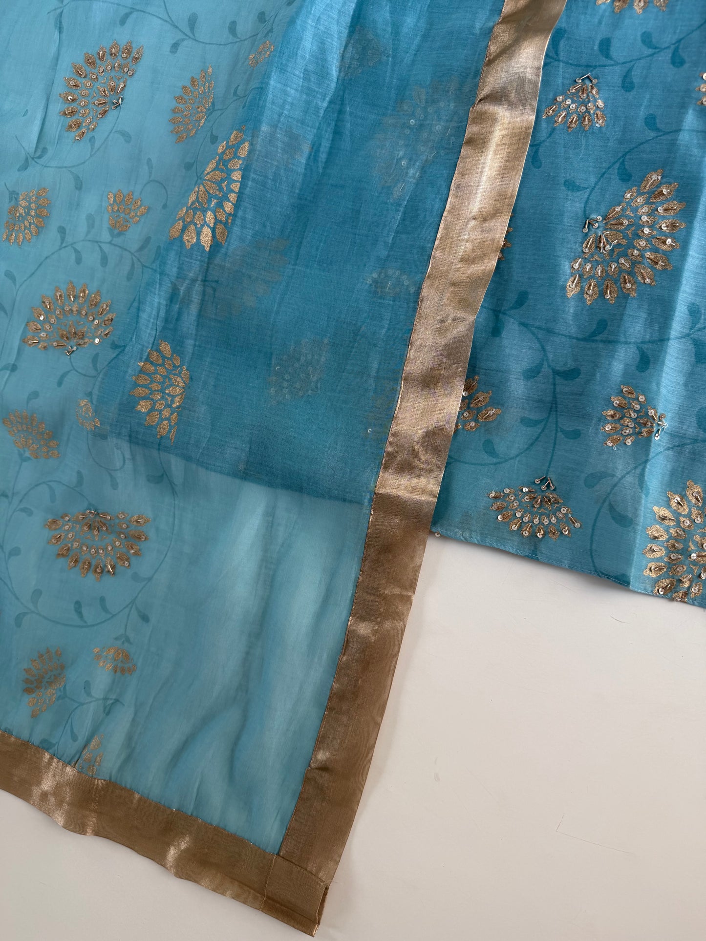 K502 - Mul chanderi handwork aline Kurti with pants and dupatta