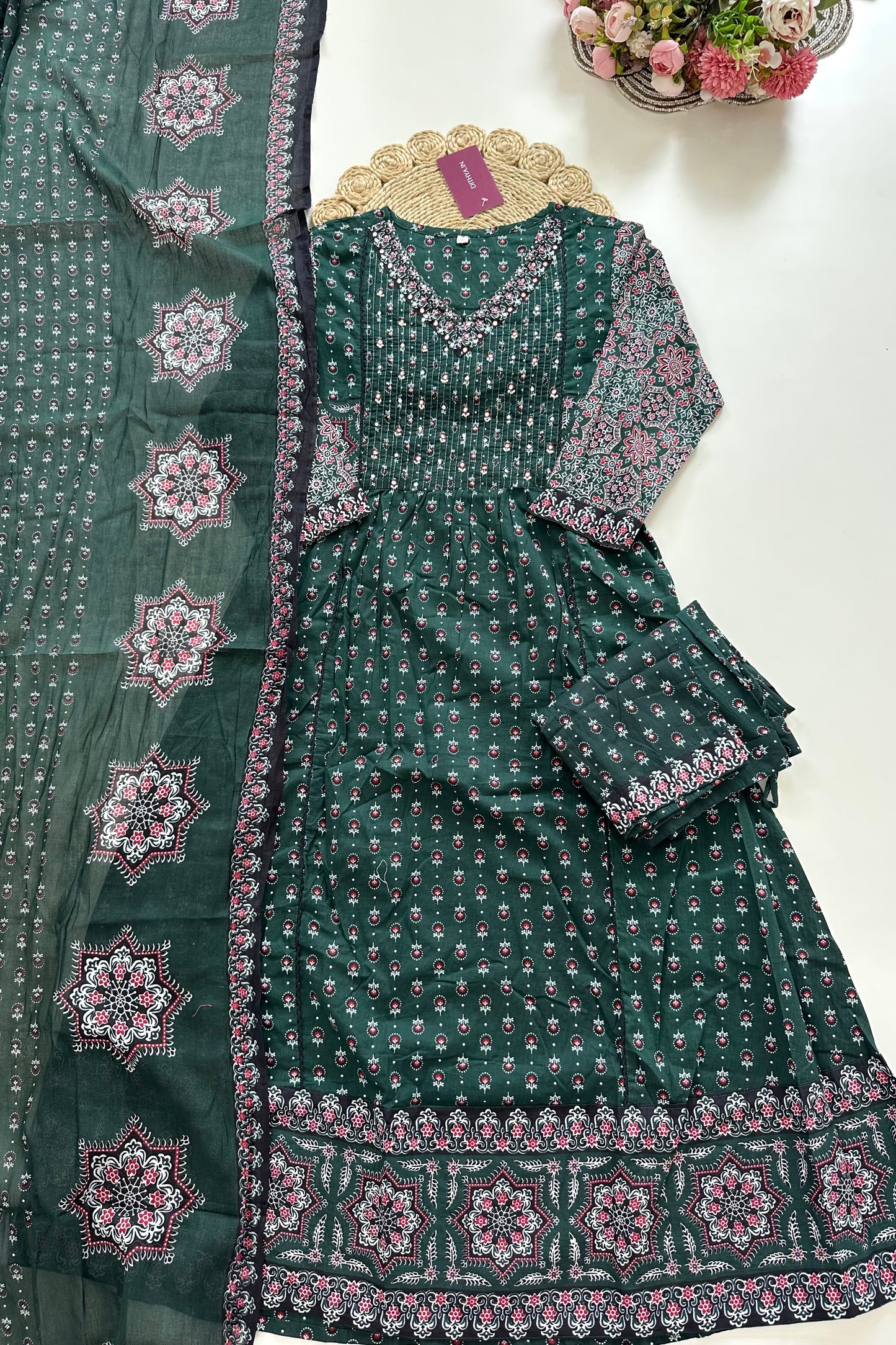 K020 - Mul cotton floral Aline Kurti with pants and dupatta