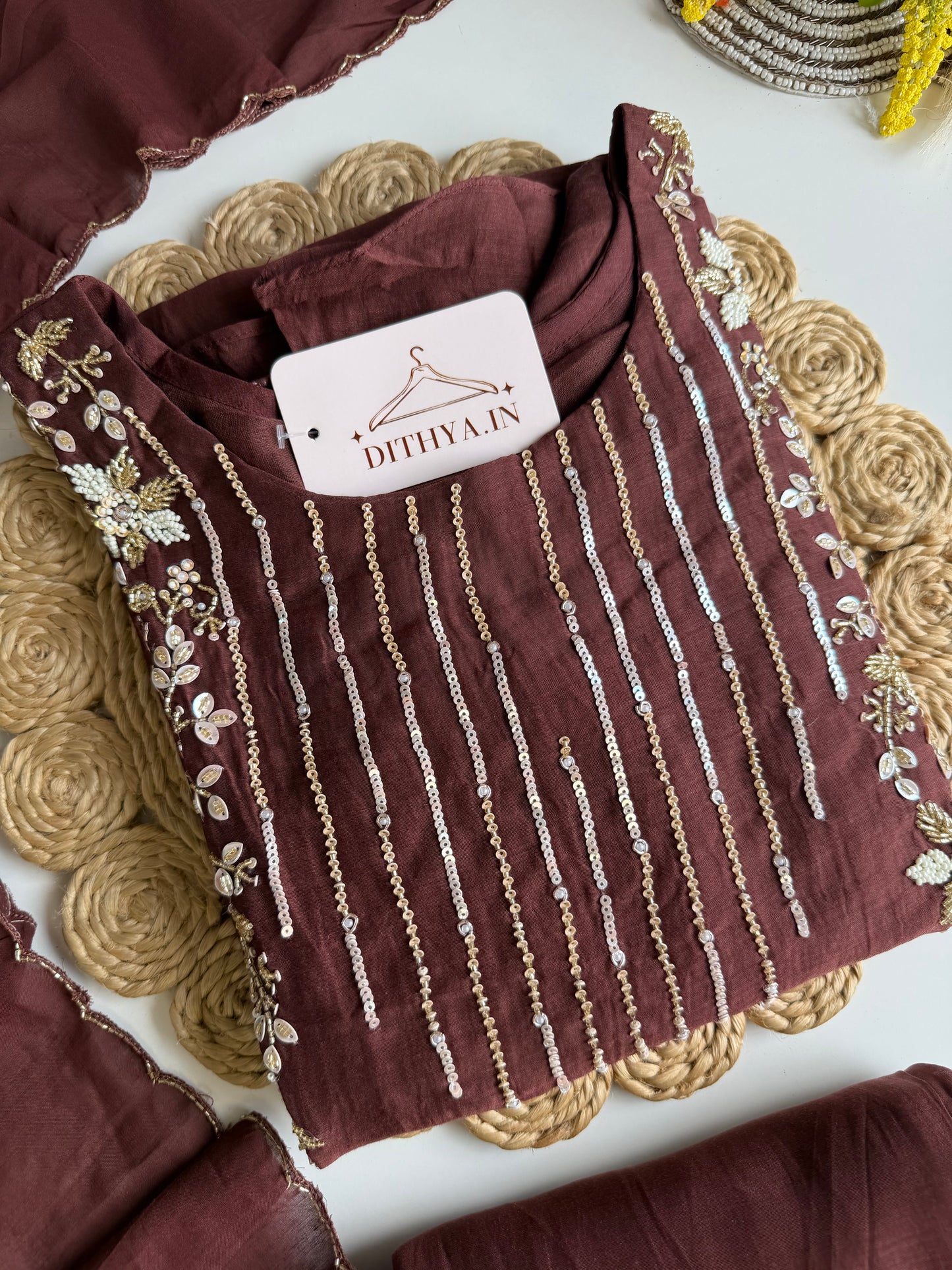 K443 - Mul chanderi handwork Aline Kurti with pants and dupatta