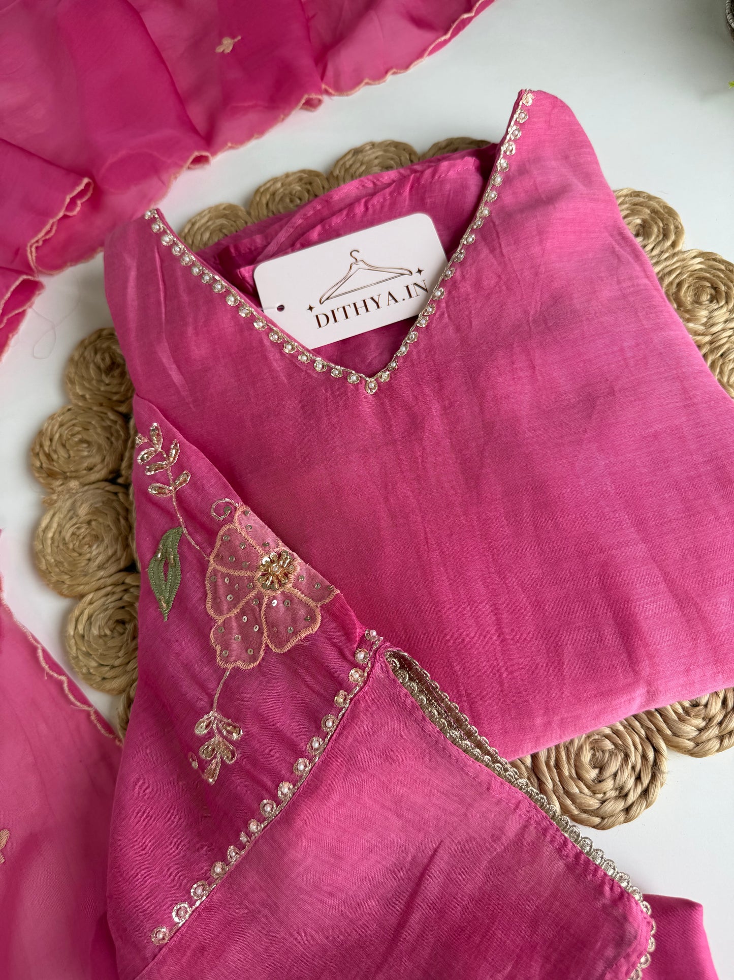 K538 - Mul chanderi handwork Aline Kurti with pants and dupatta