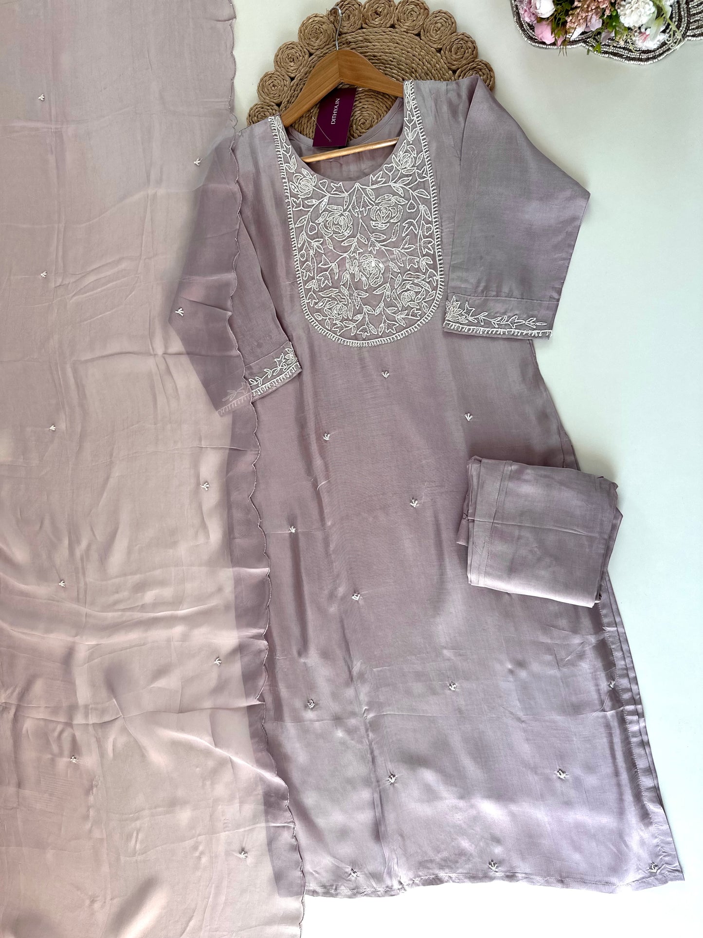 K183 - Abuthai silk pearl work straight kurti with pants and dupatta.