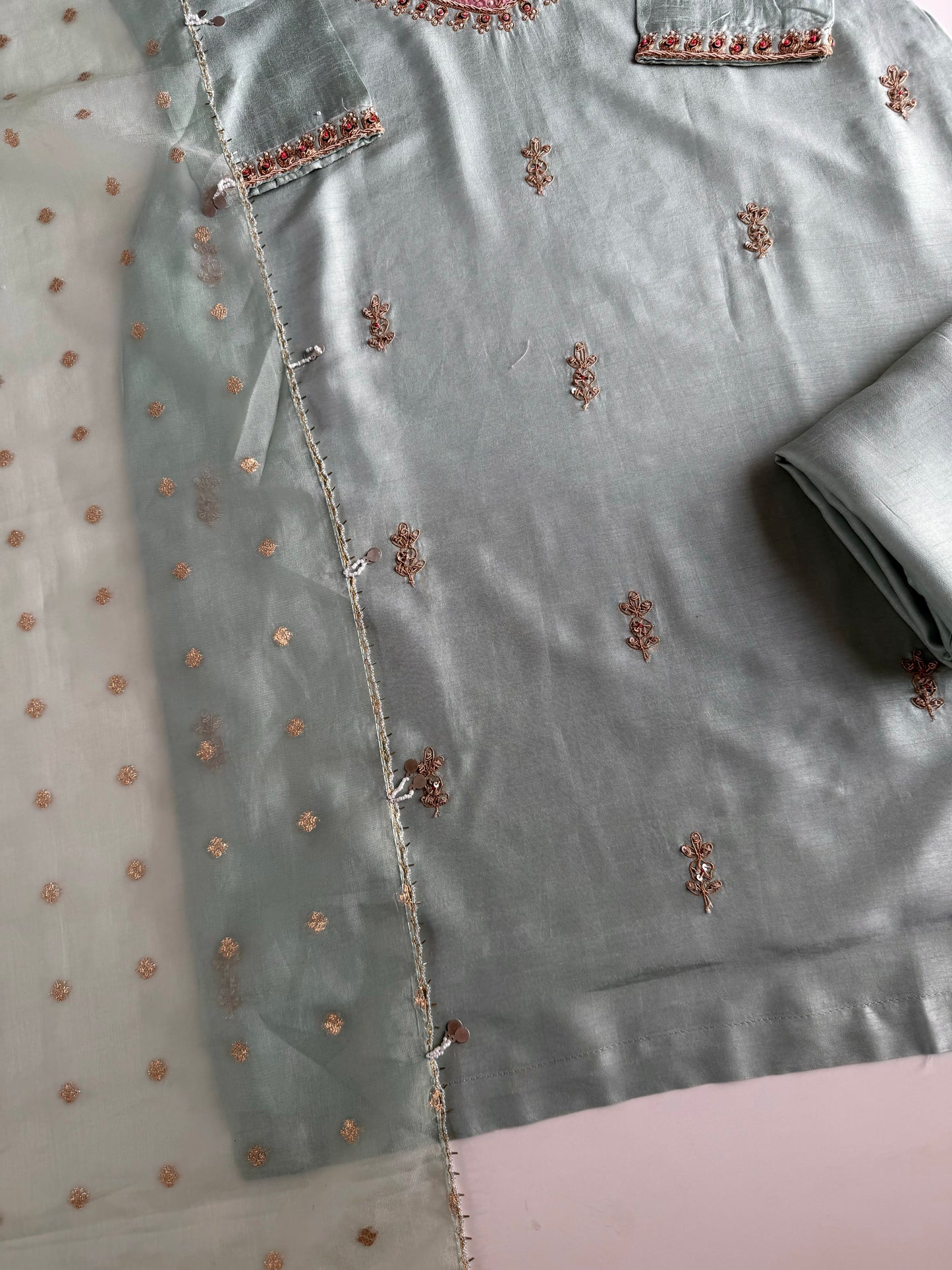 K154 - Russian silk handwork straight Kurti with pants and dupatta