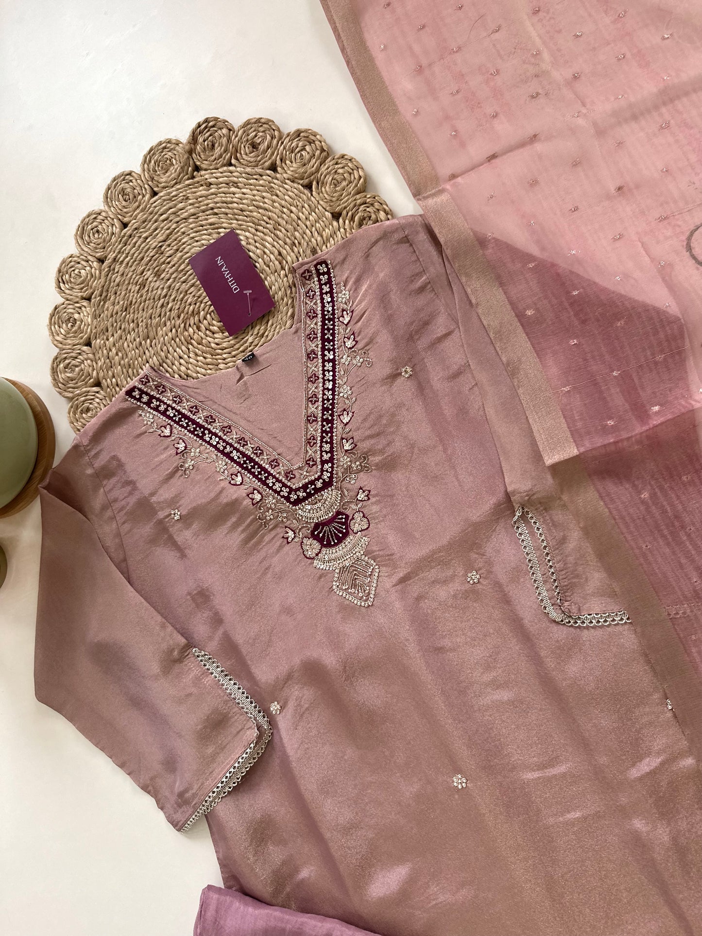 K087 - Tissue silk Handwork Straight kurti with pants and dupatta.