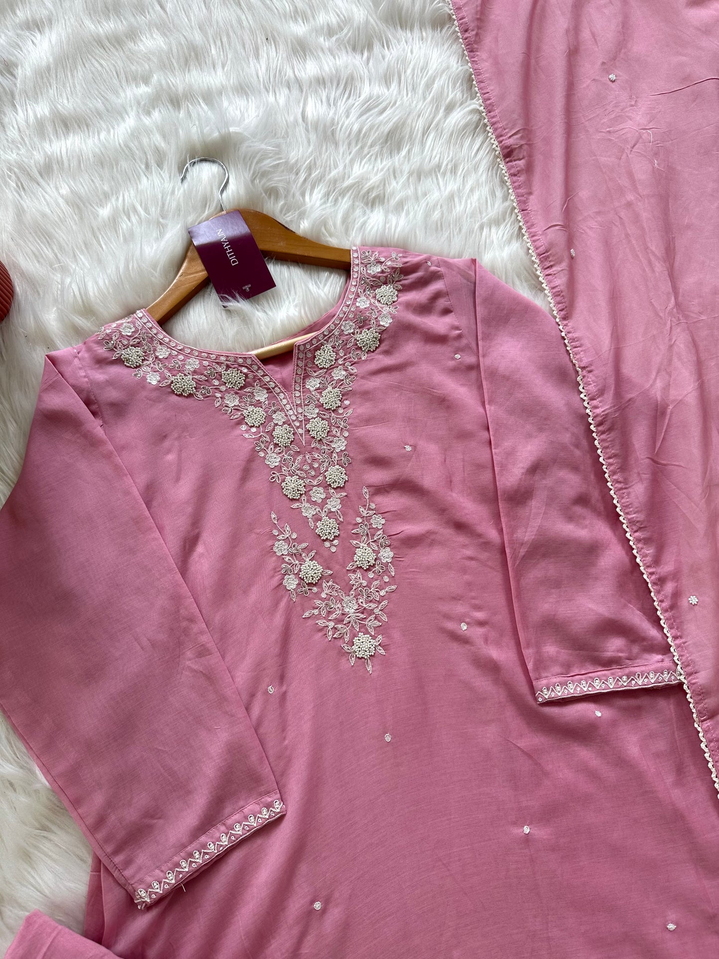 K397 - Mul Chanderi handwork Aline Kurti with pants and dupatta