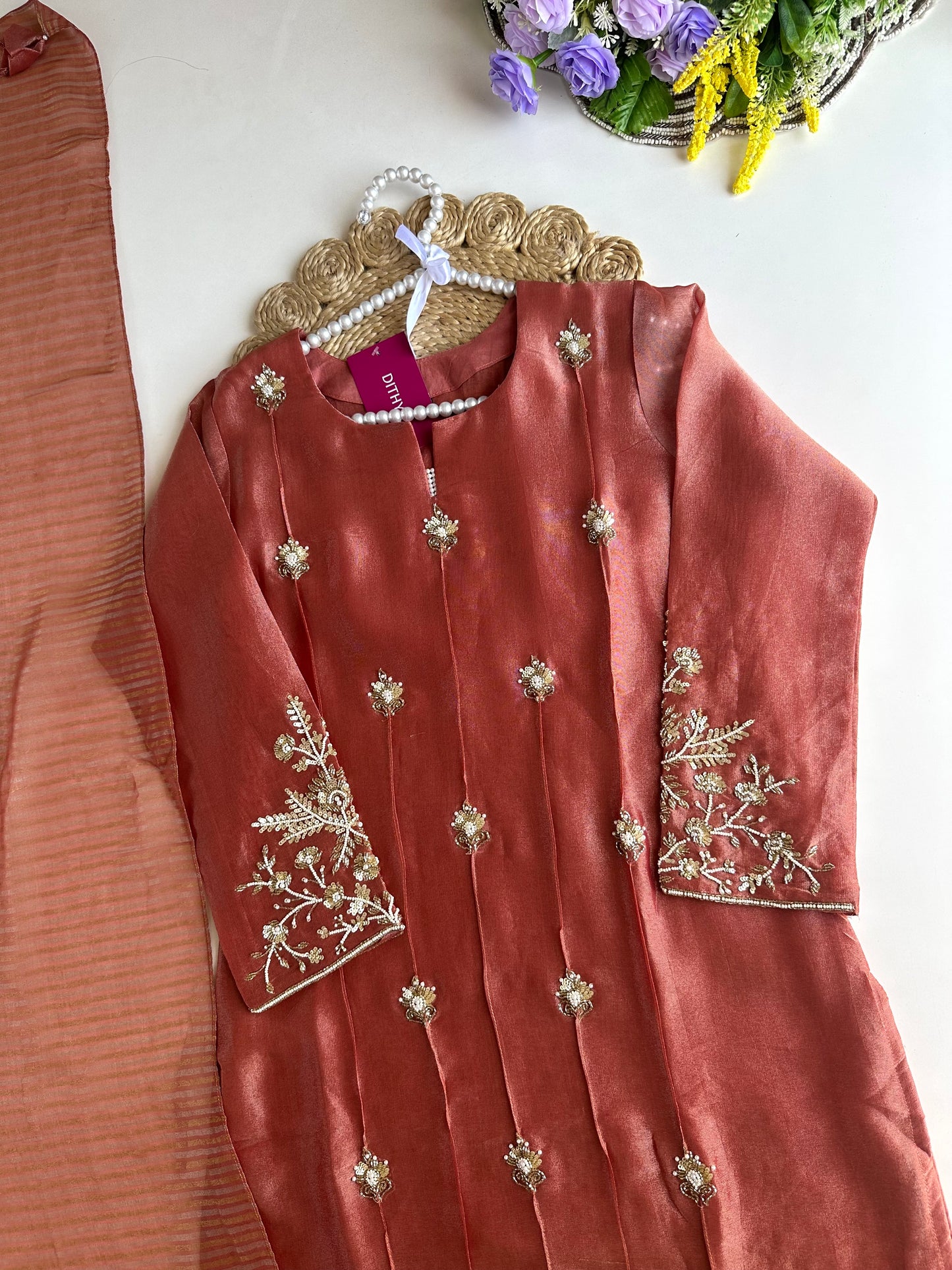 K297 - Tissue silk handwork straight kurti with pants and dupatta