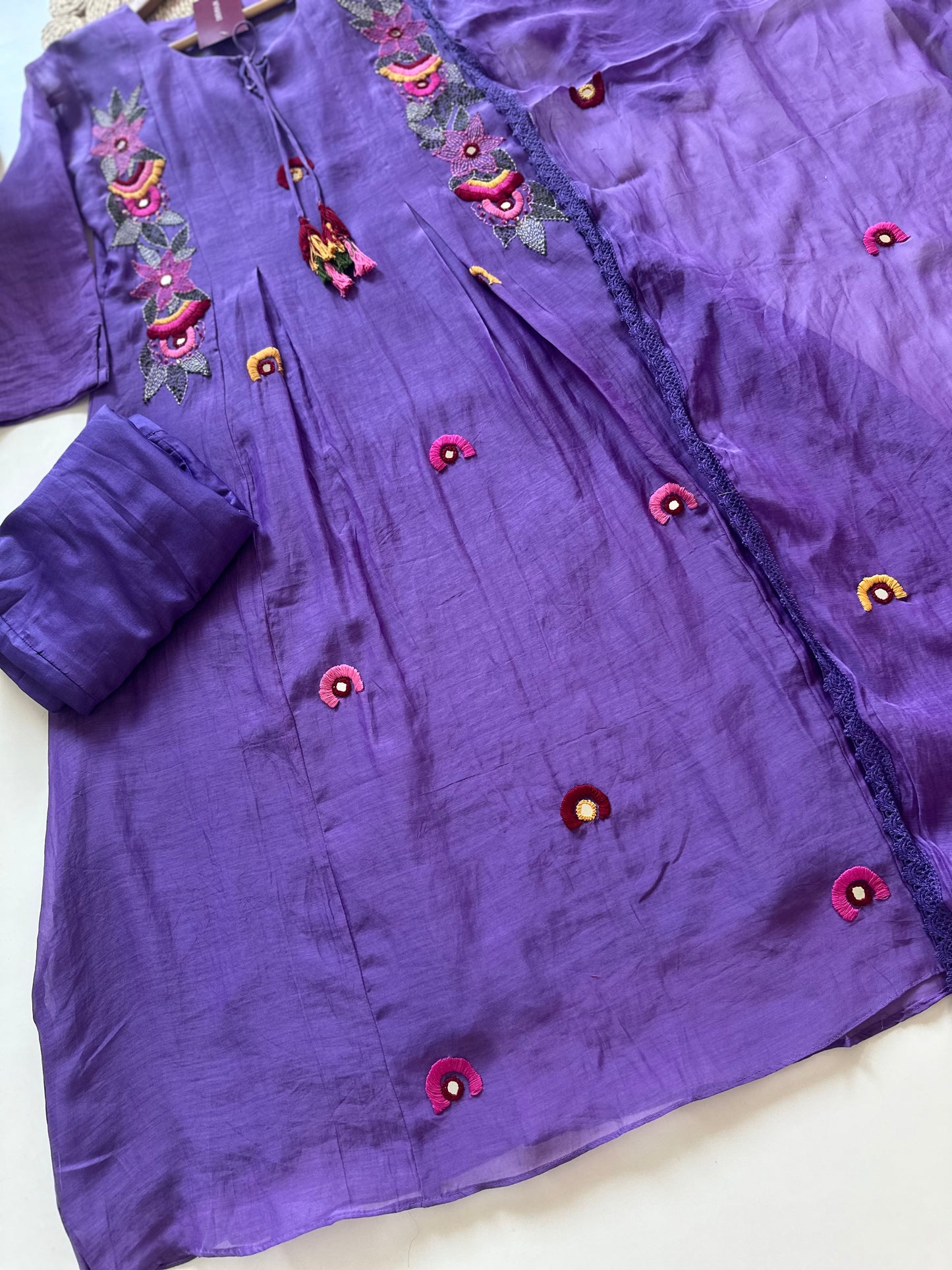 K107 - Mul Chanderi embroidered Aline Kurti with pants and dupatta.