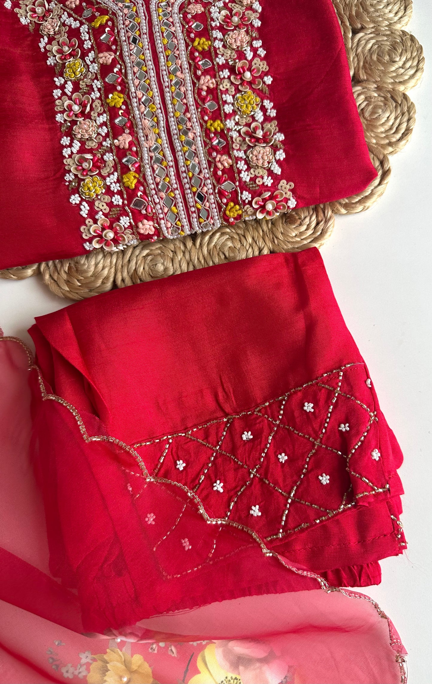 K018 - Russian silk handwork straight Kurti with pants and dupatta