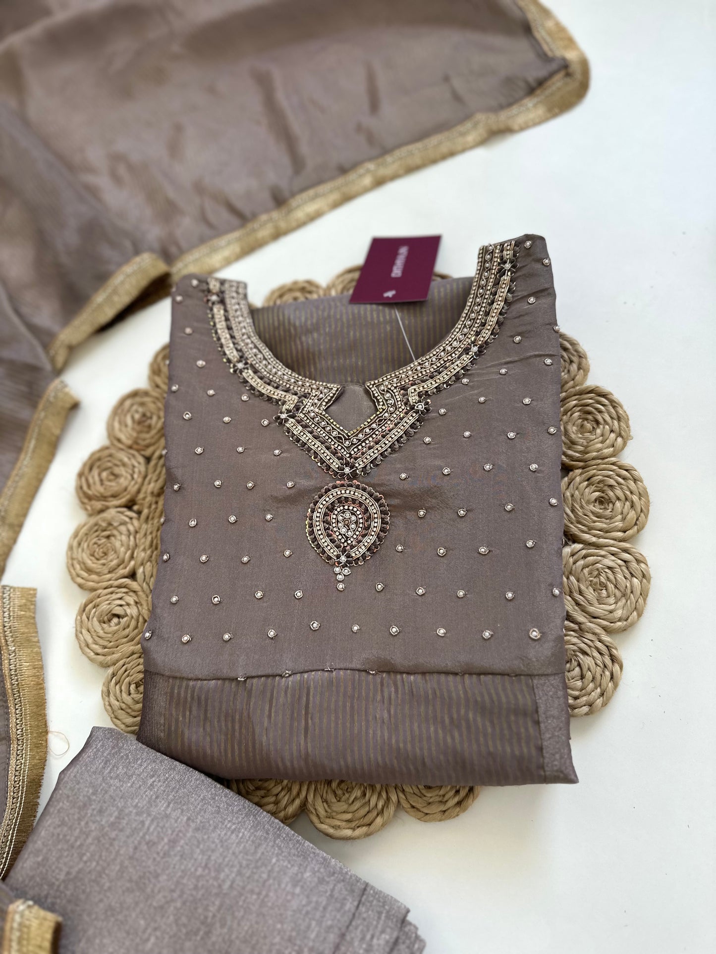 K128 - Tissue silk handwork Straight kurti with pants and dupatta .