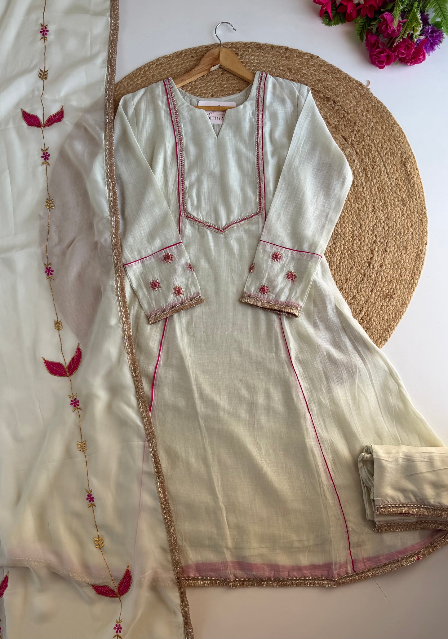 K323 - Mul Chanderi gota handwork aline Kurti with pants and dupatta
