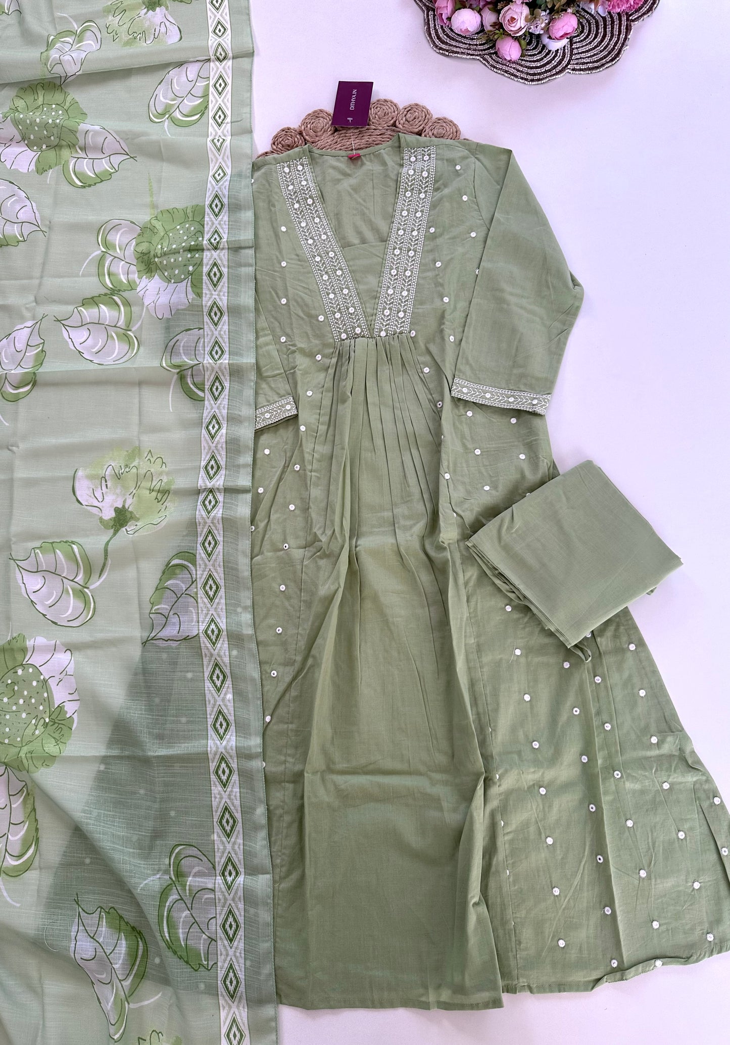 K108 - Cotton embroidered Aline Kurti with pants and dupatta