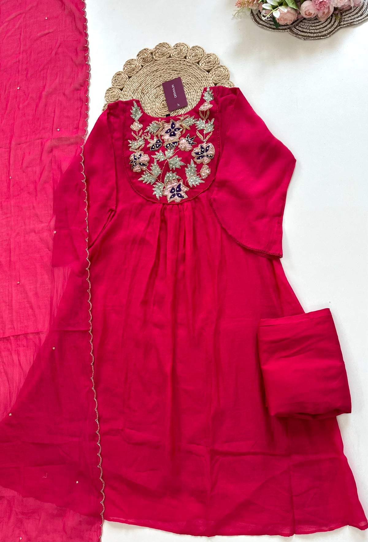 K265 - Mul Chanderi applique work Aline Kurti with pants and dupatta in 2 colours