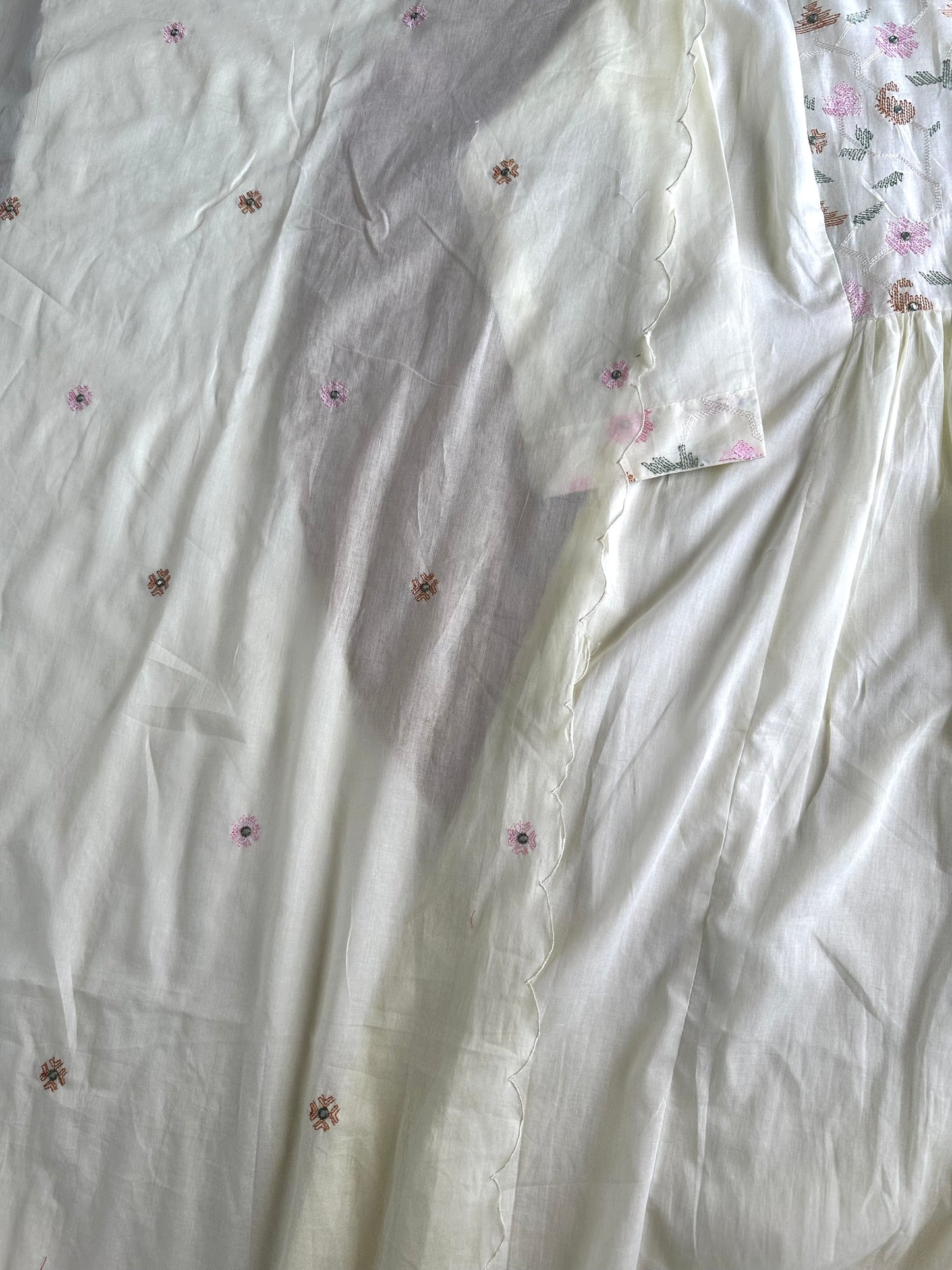 K394 - Cotton embroidered Aline Kurti with pants and dupatta