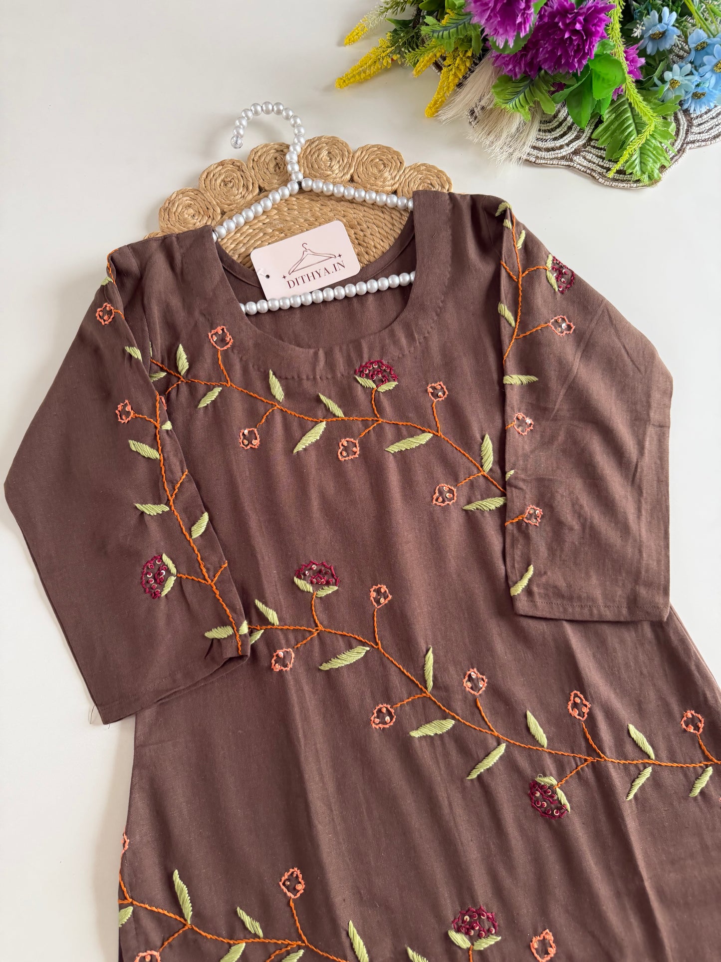 K596 - Cotton embroidery straight Kurti with pants