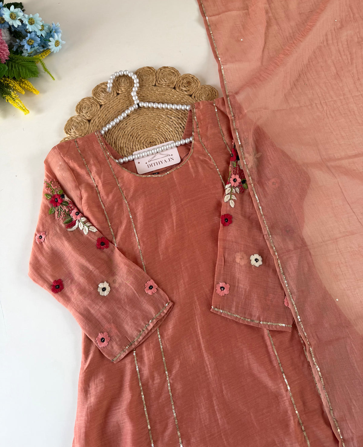K089 - Mul chanderi handwork aline Kurti with pants and dupatta